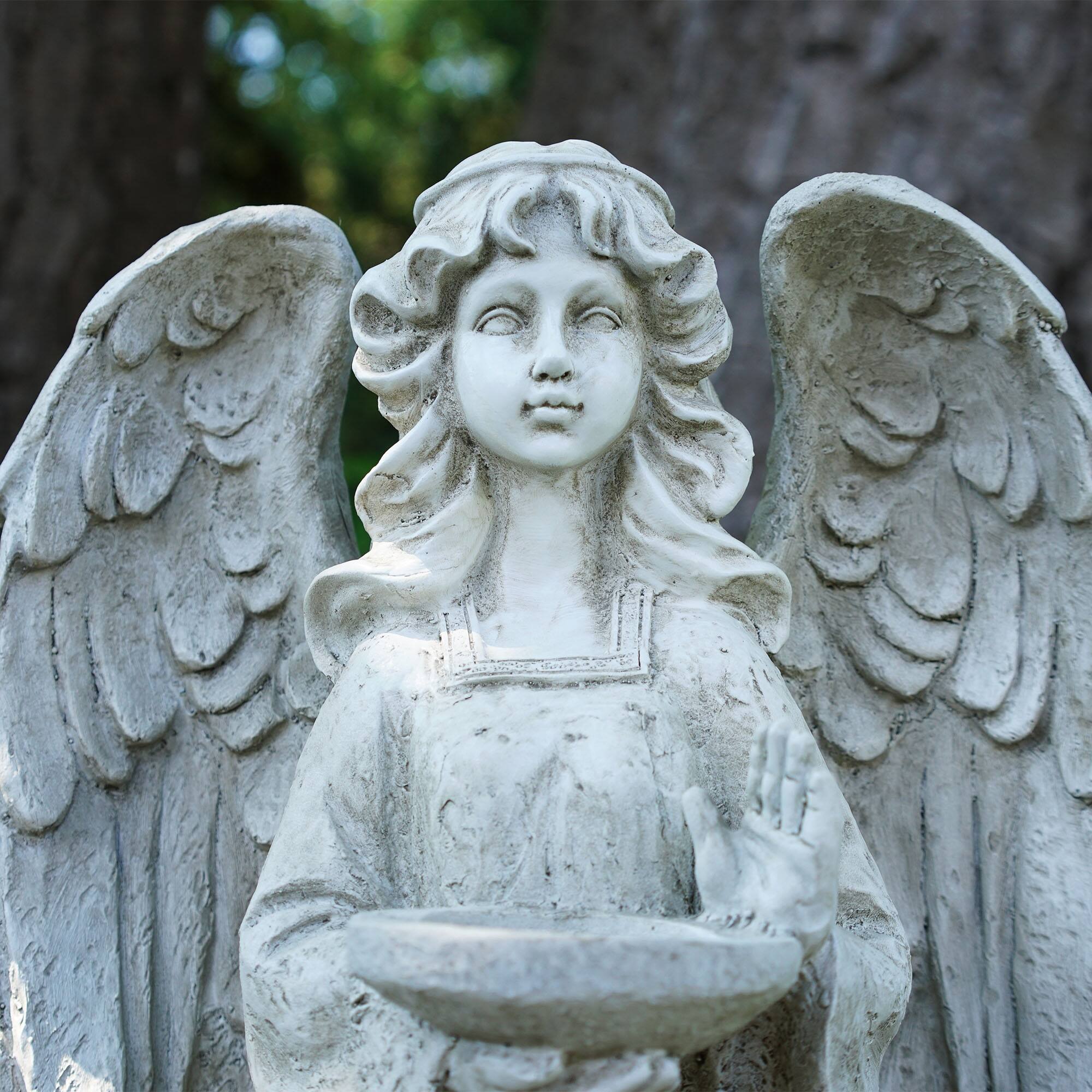 22.5&#x22; Gray Standing Angel with Bird Bath &#x26; Votive Candle Holder Outdoor Statue