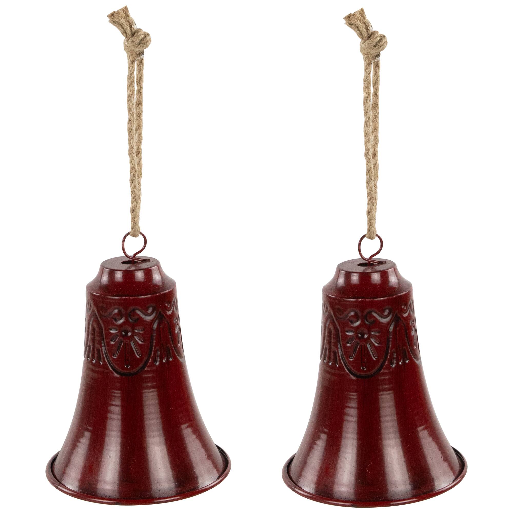 Embossed Christmas Bell Ornaments - 6" - Burgundy - Set of 2