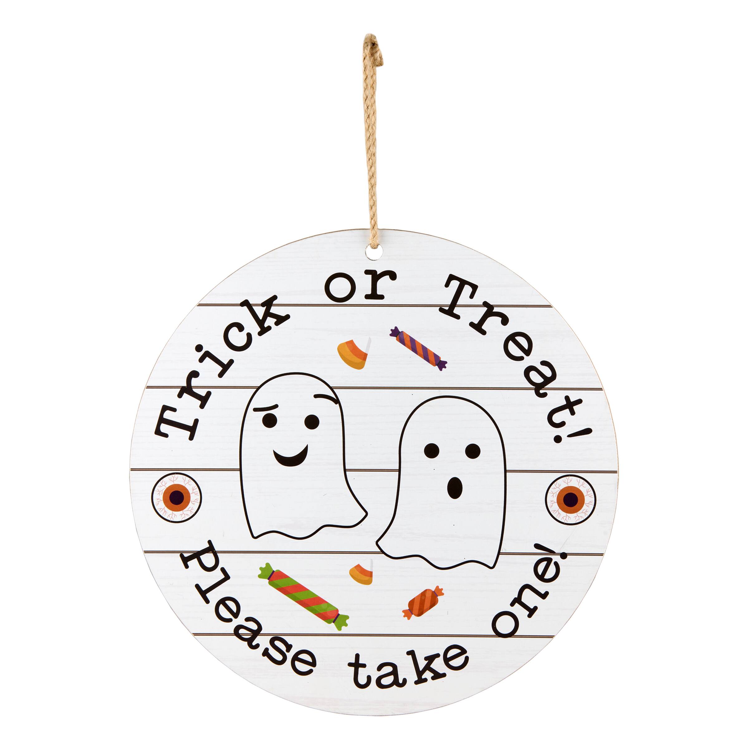 12&#x22; White Hanging Double-Sided Trick or Treat/Out of Candy Round Plank Sign