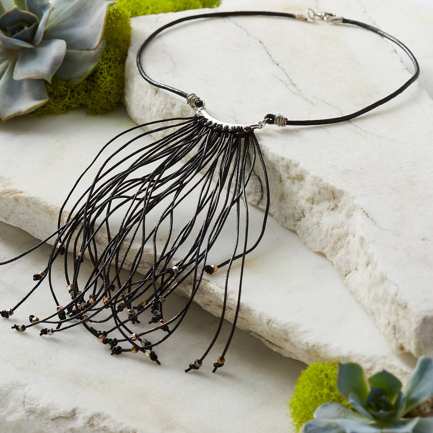 Knotted Leather Fringe Necklace