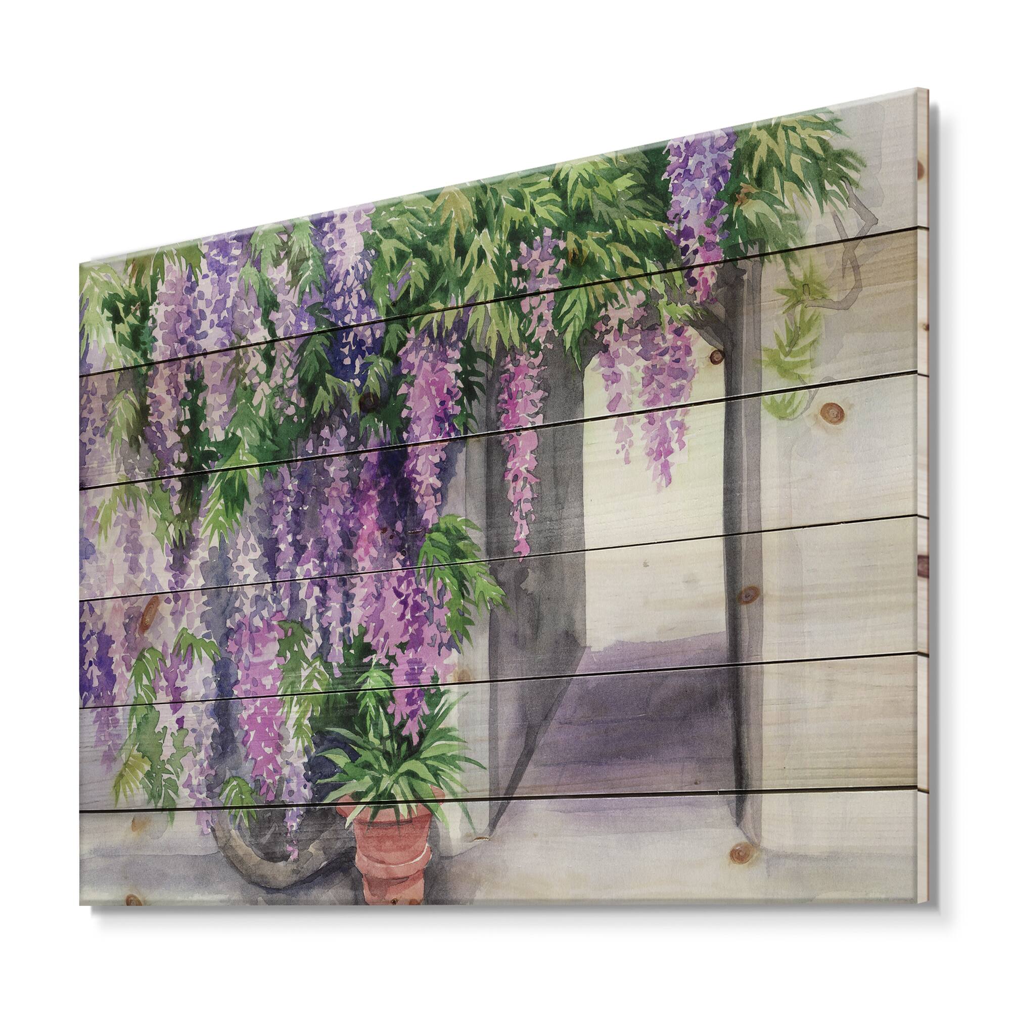 Designart - Wisteria Blossom - Traditional Print on Natural Pine Wood