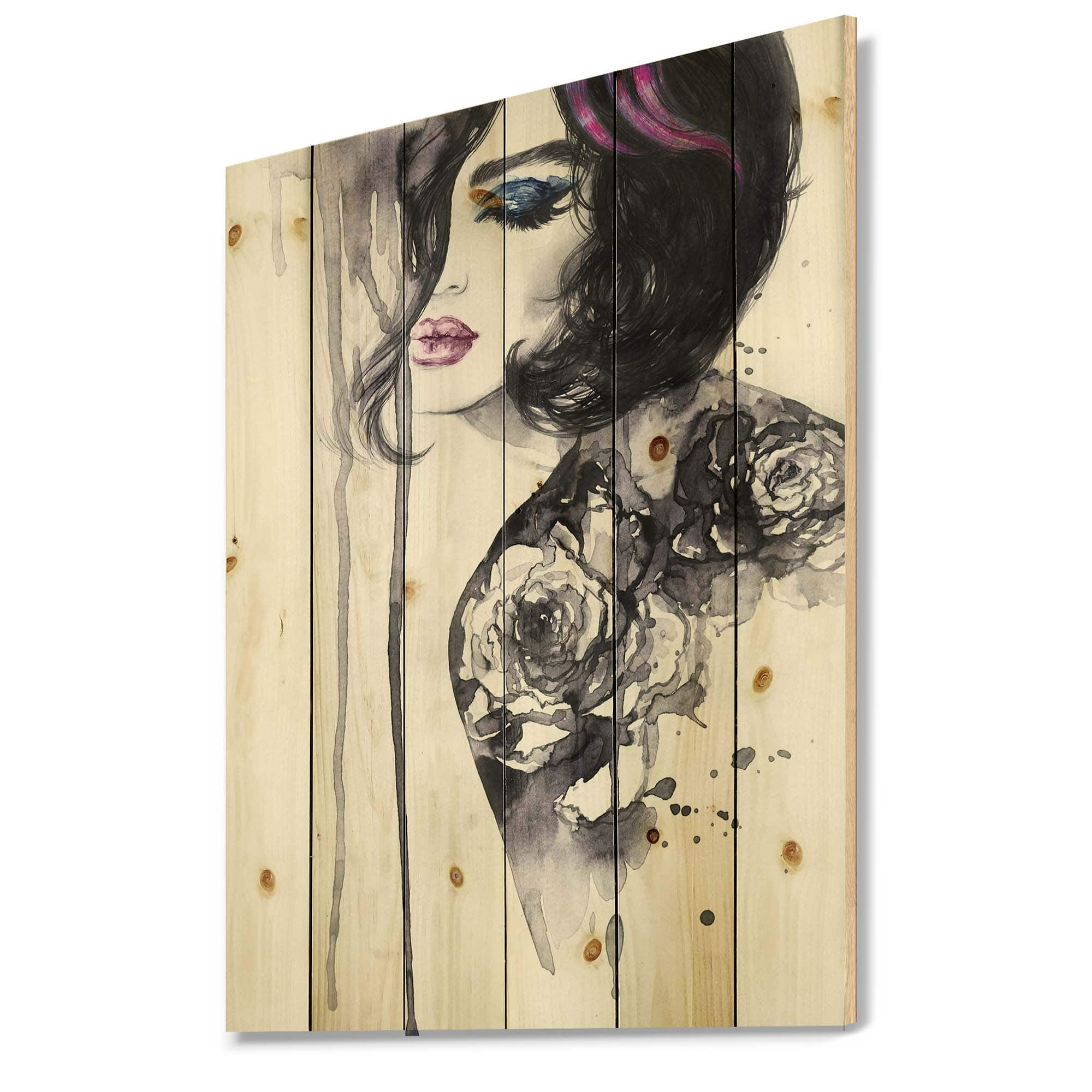 Designart - Painting Female Portrait - Modern Print on Natural Pine Wood