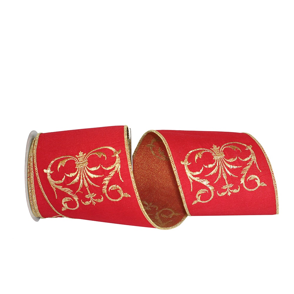 Reliant 4&#x22; x 5yd. Red &#x26; Gold Filigree Crest Dupione Wired Ribbon