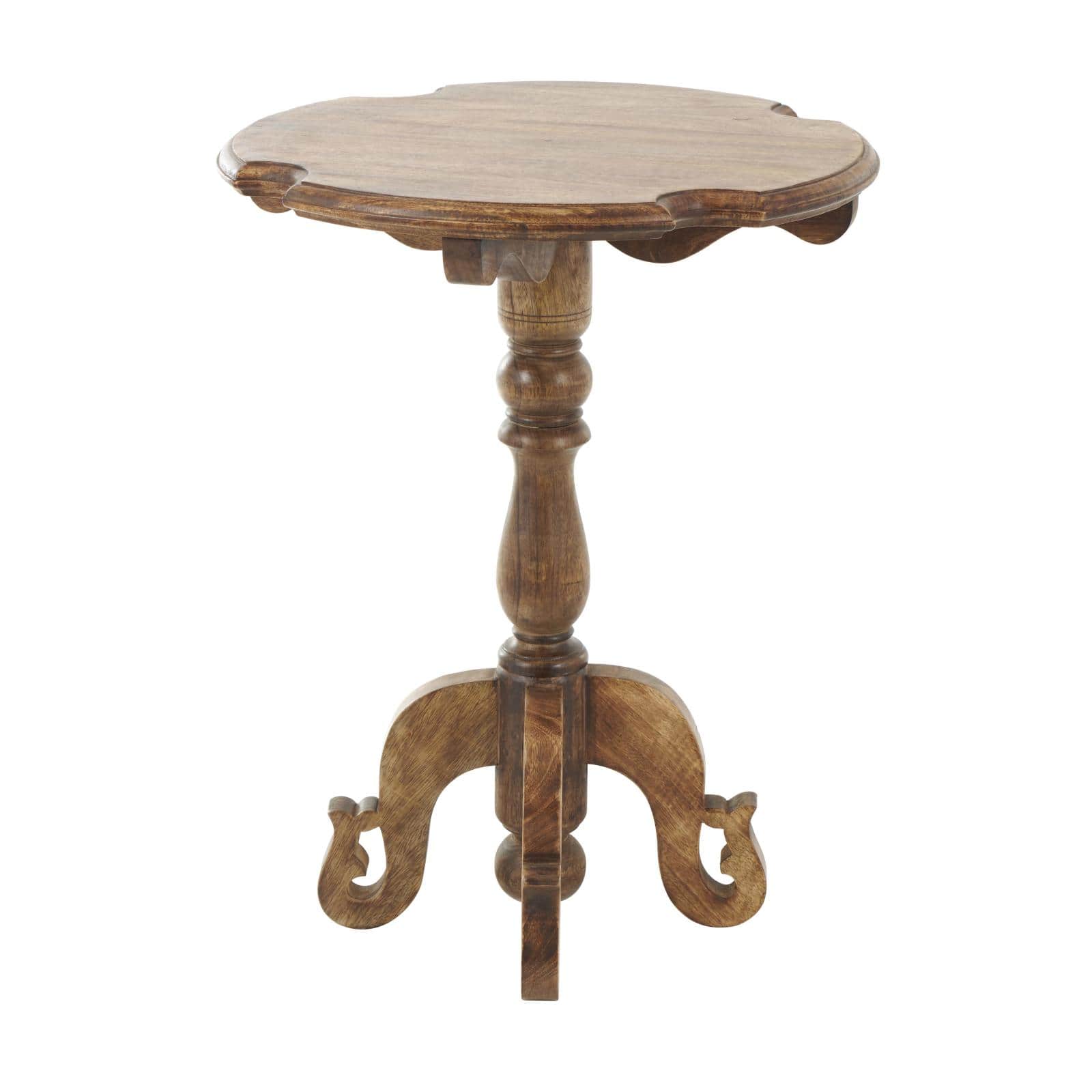 Brown Mango Wood  Turned Accent Table with Scrolled Legs and Cutout Tabletop