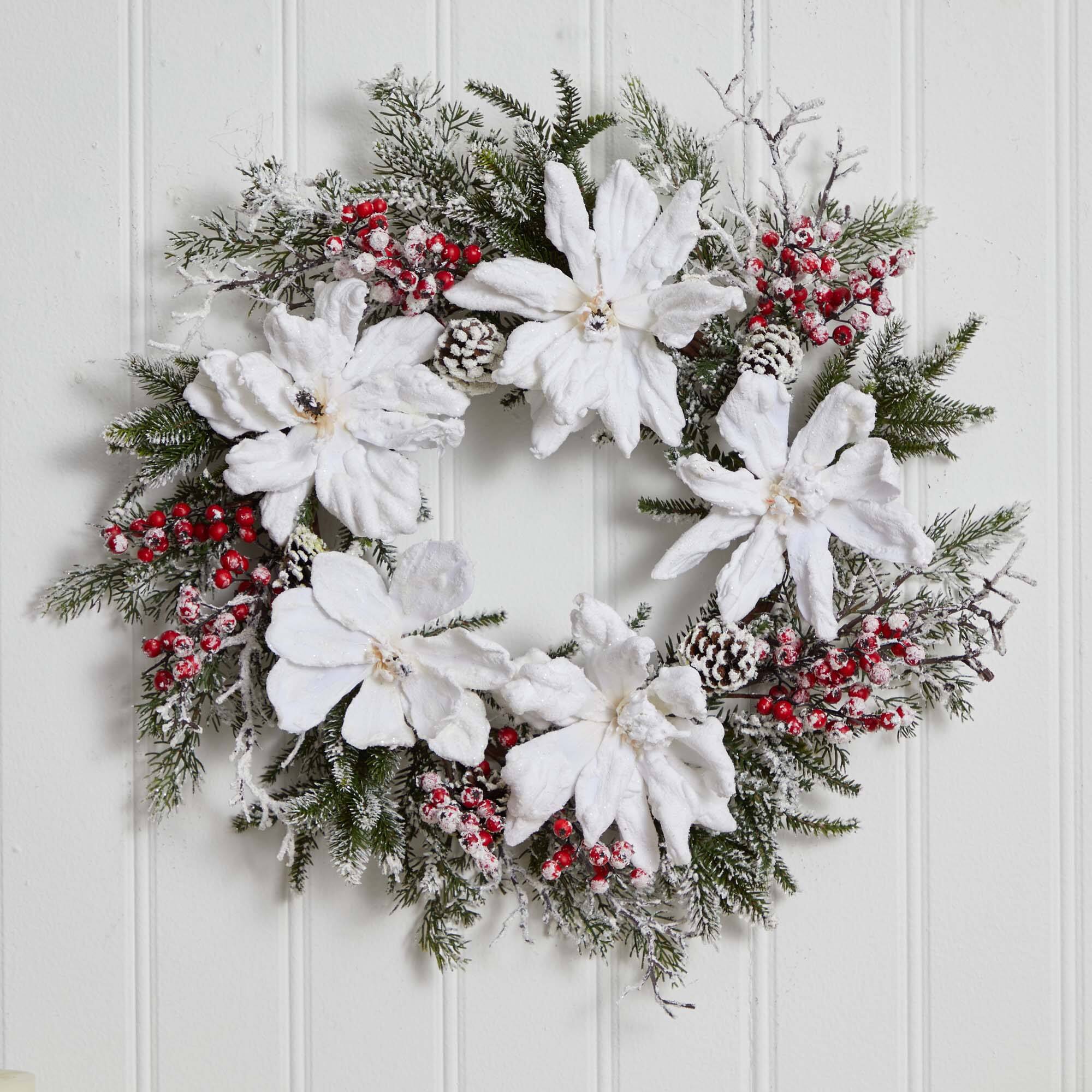 22" Snowed Magnolia & Berry Wreath