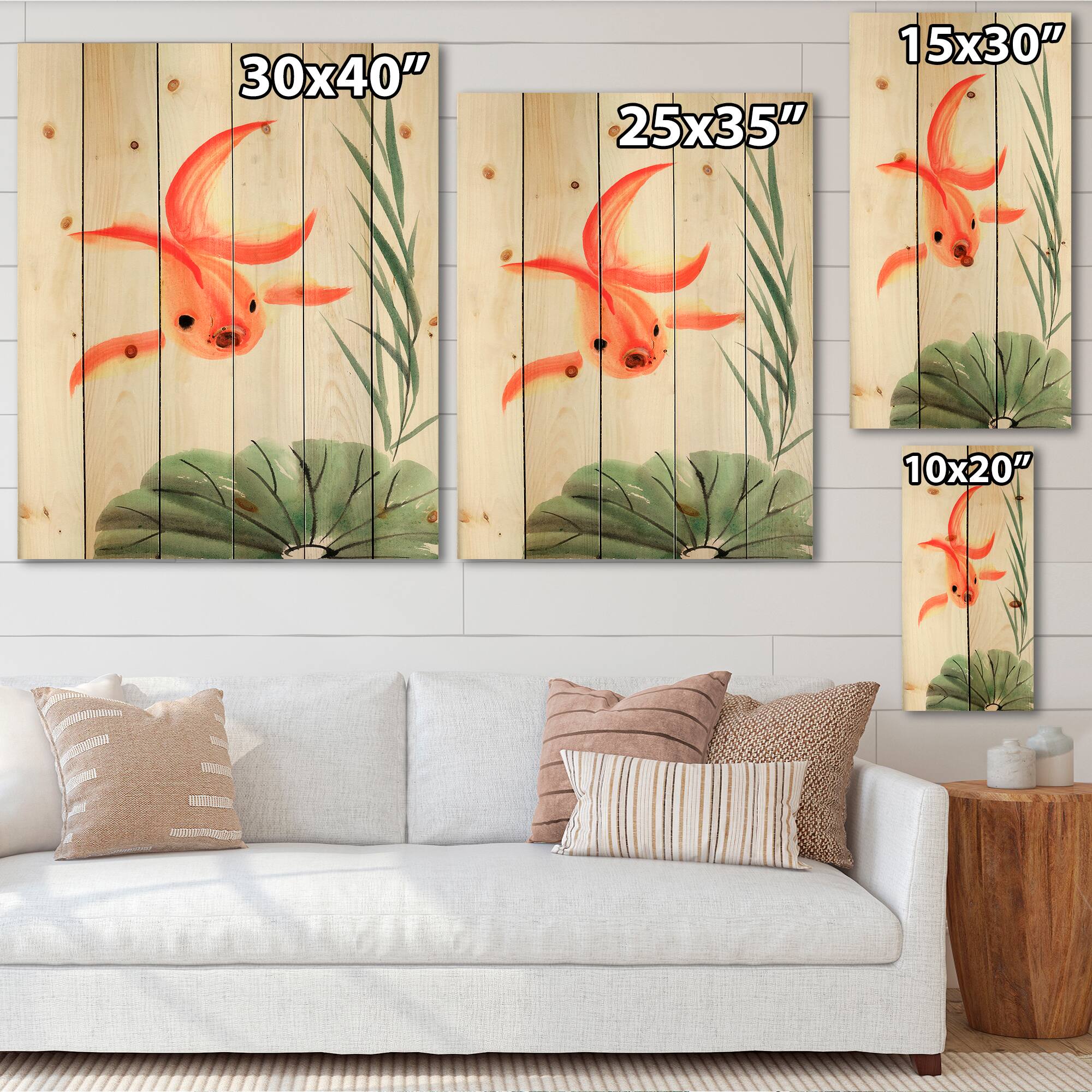 Designart - Vintage Goldfish and The Lotus Leaf - Nautical & Coastal Print on Natural Pine Wood