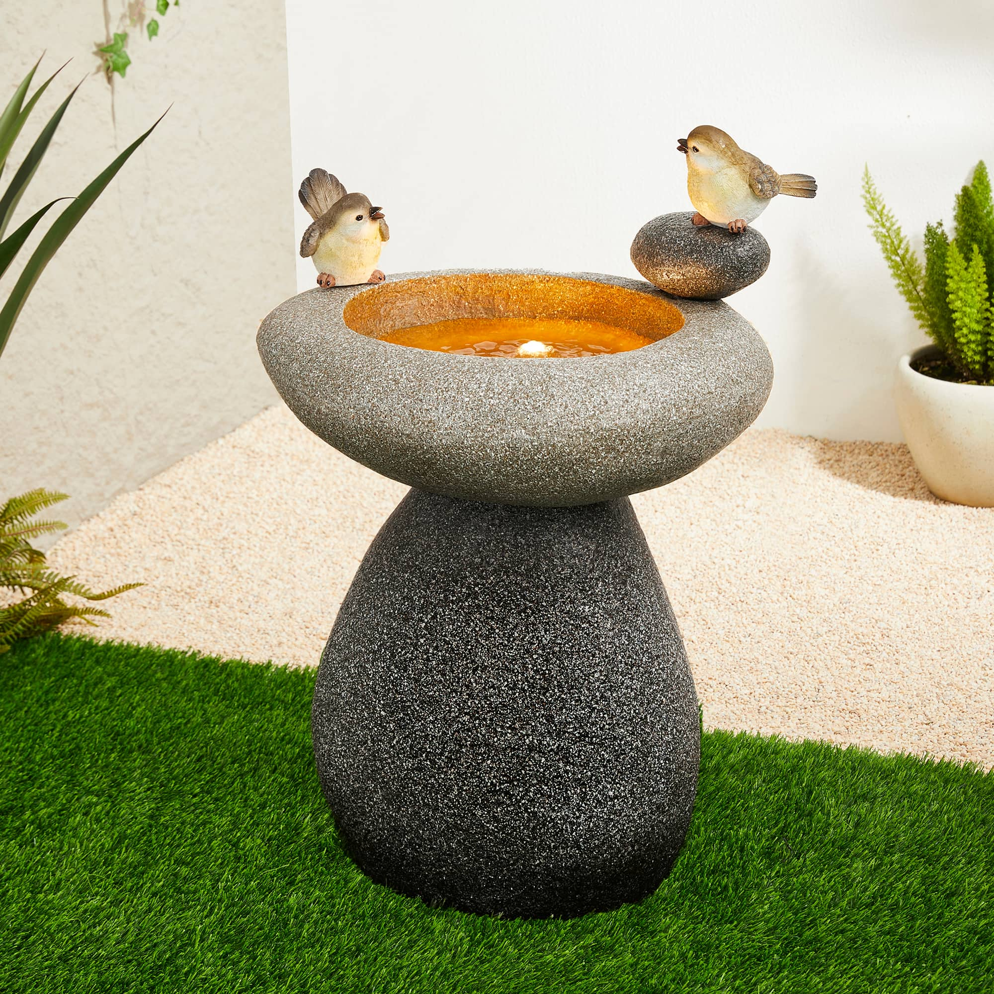 Glitzhome&#xAE; 20.75&#x22; Zen-Style Faux Stone Texture Outdoor Birdbath Fountain with LED Light