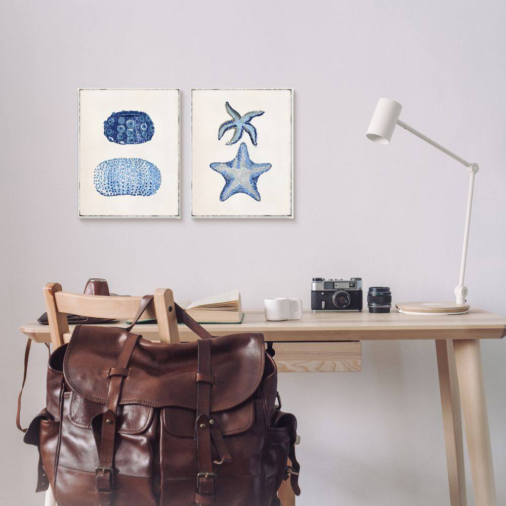 Stupell Industries Minimal Nautical Sea Creatures Blue White Painting in Black Frame Wall Art