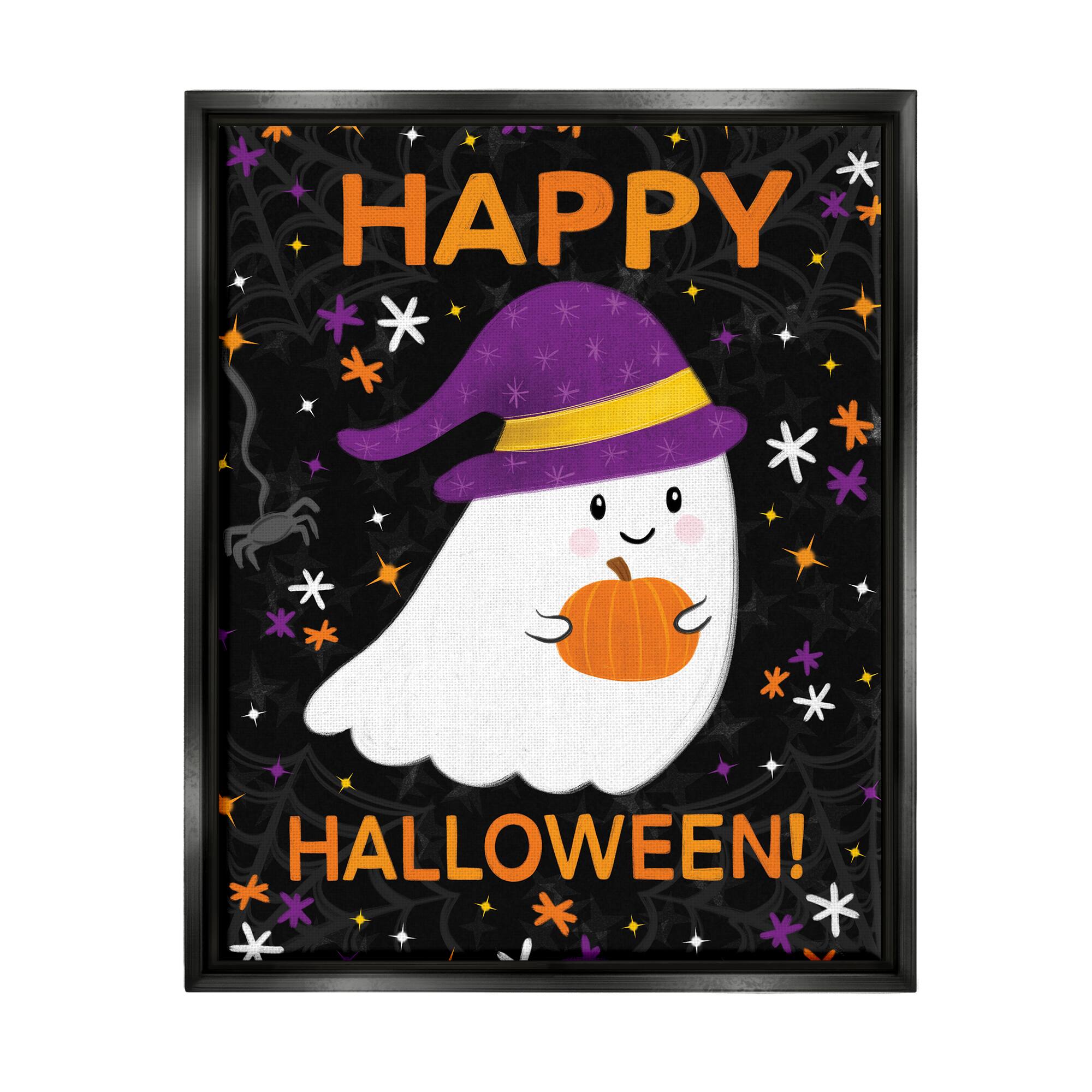 Stupell Industries Happy Halloween Happy Ghost Framed Floater Canvas Wall Art