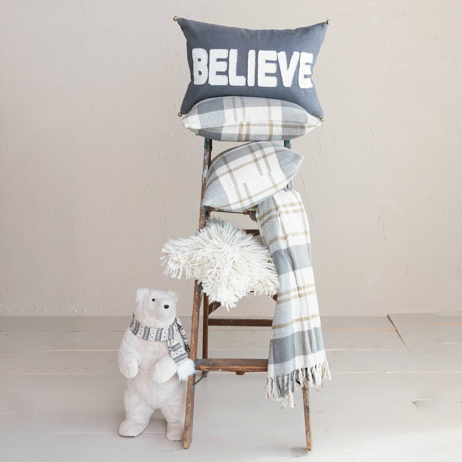 Hello Honey&#xAE; 20&#x22; Brown, Gray &#x26; Natural Plaid Brushed Flannel Throw Pillow