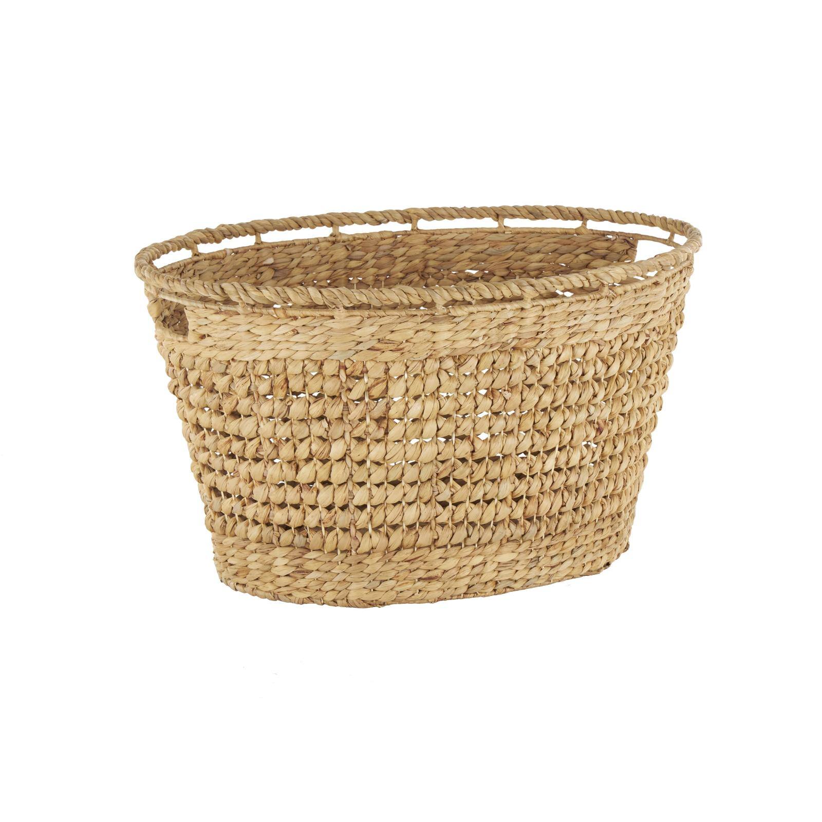 30&#x22; Brown Seagrass Handmade Woven Oval Storage Basket with Elevated Rim &#x26; Slot Handles