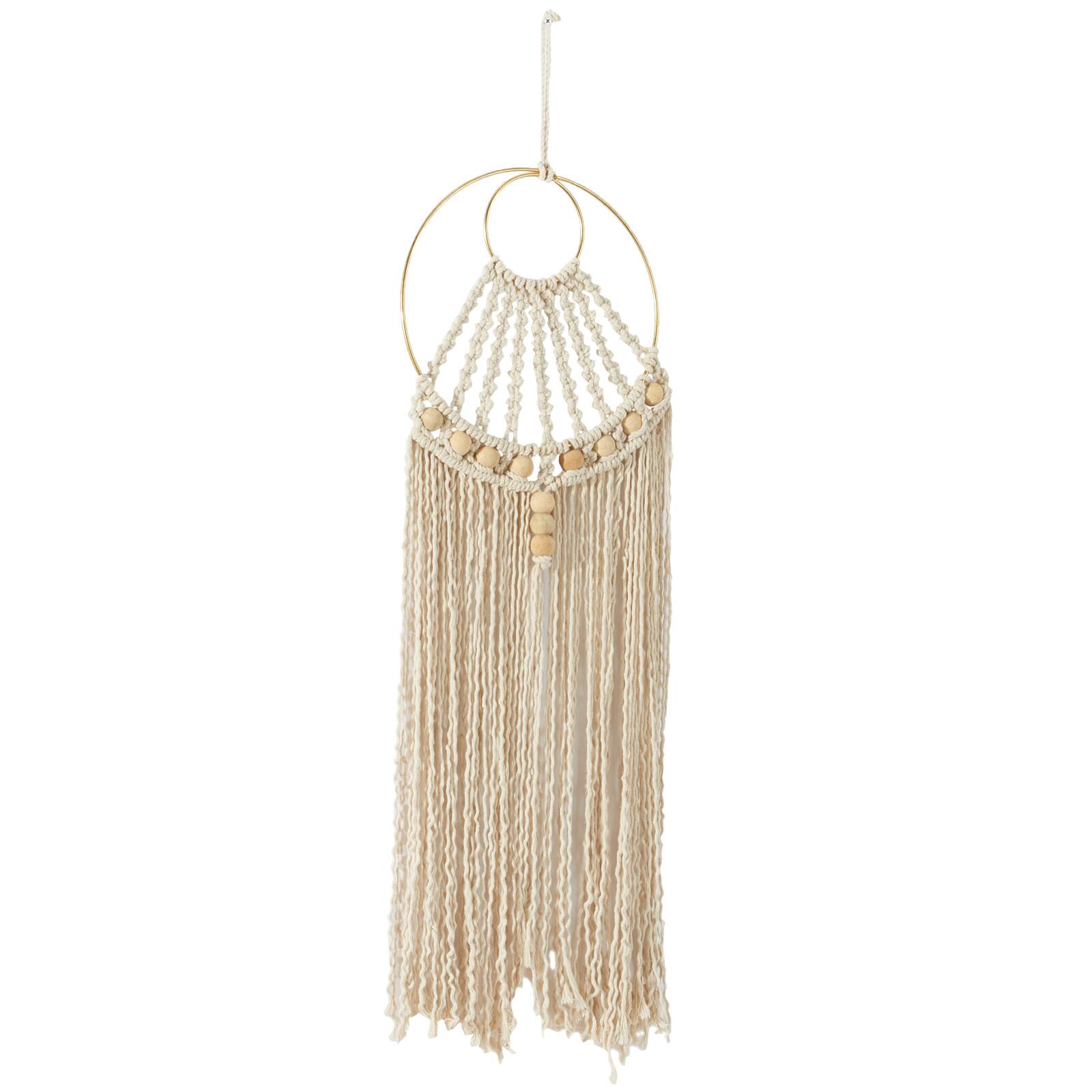 Beige Cotton Handmade Intricately Weaved Macrame Wall Decor with Beaded Fringe Tassels 10" x 1" x 38"