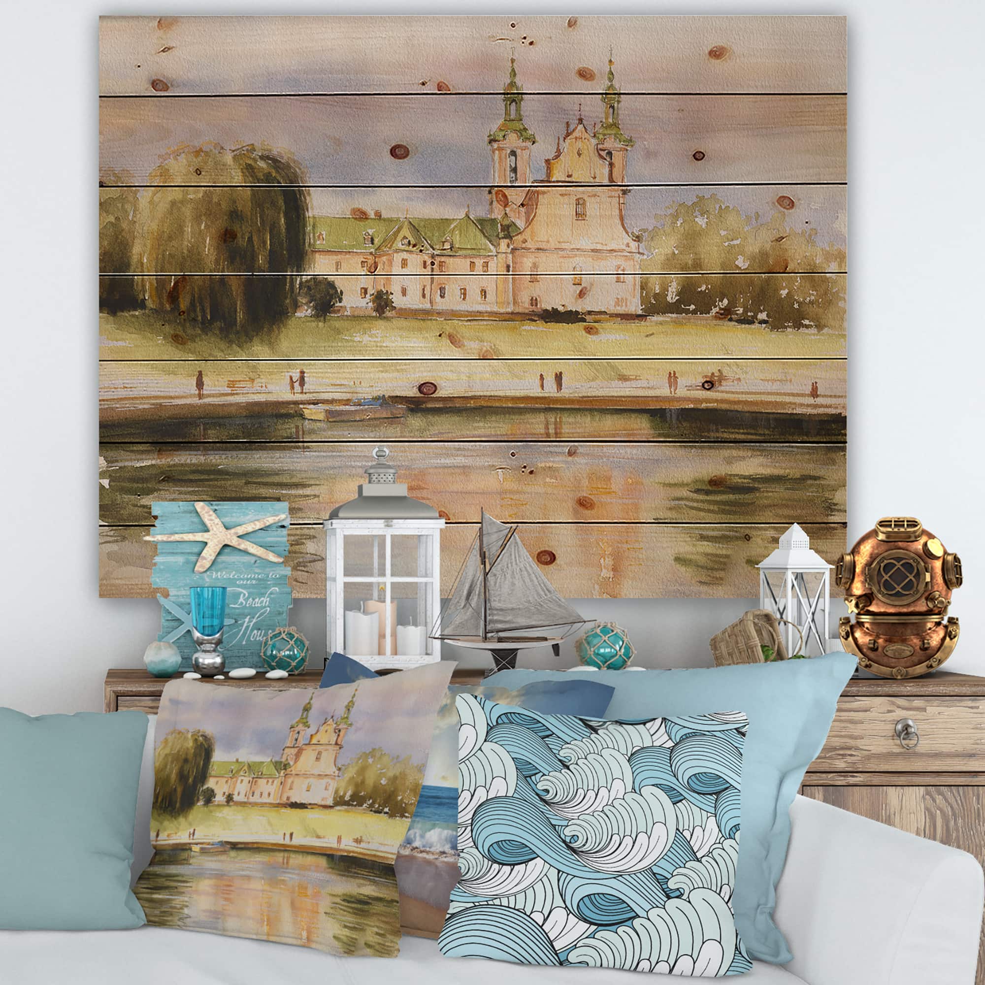 Designart - Historic Church On The Rock On Banks of The River - Lake House Print on Natural Pine Wood