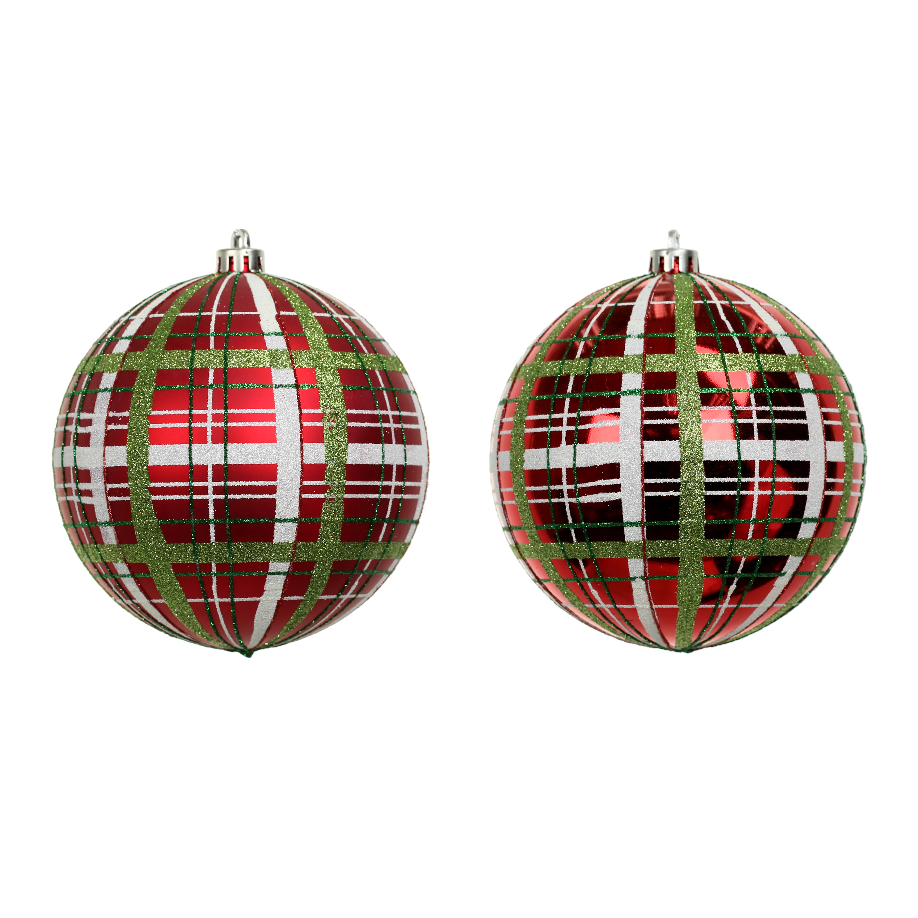2 Pack 4.7&#x22; Red, Green &#x26; White Plaid Shatterproof Ball Ornaments by Ashland&#xAE;