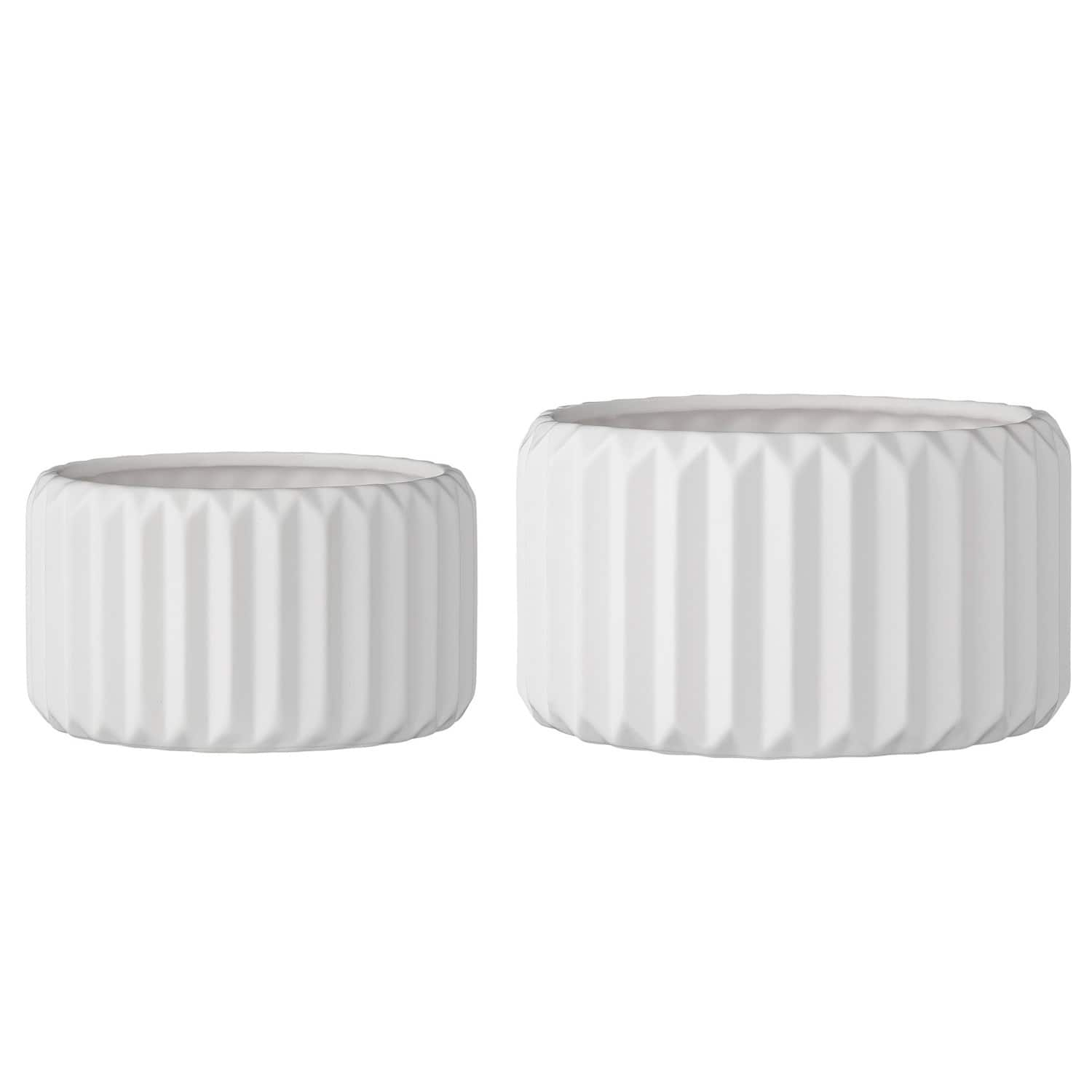 White Round Fluted Stoneware Flower Pot Set