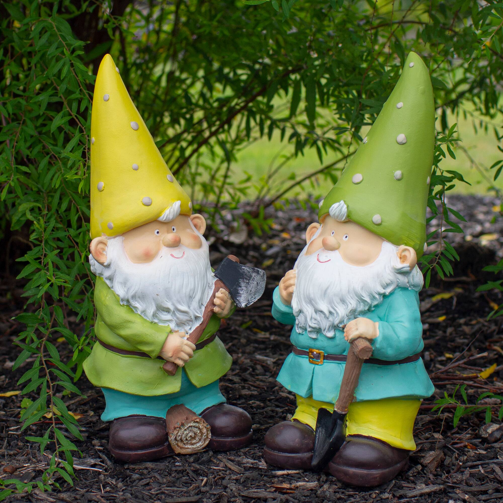 12.25" Green & Yellow Gnome Outdoor Garden Statue Set