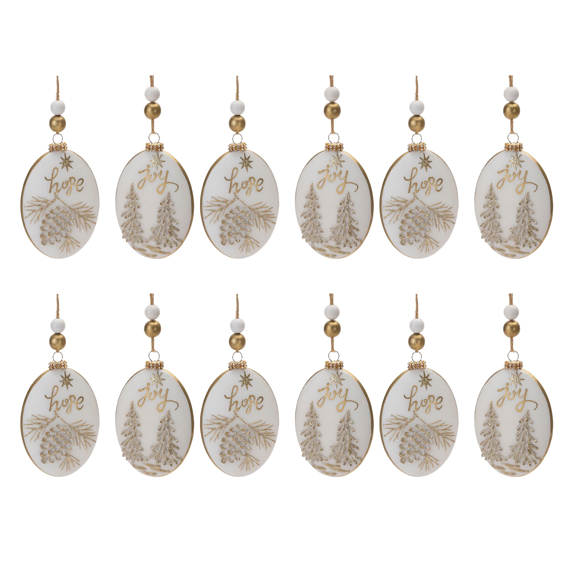 Hope &#x26; Joy Glittered Glass with Wood Beads Ornament Set