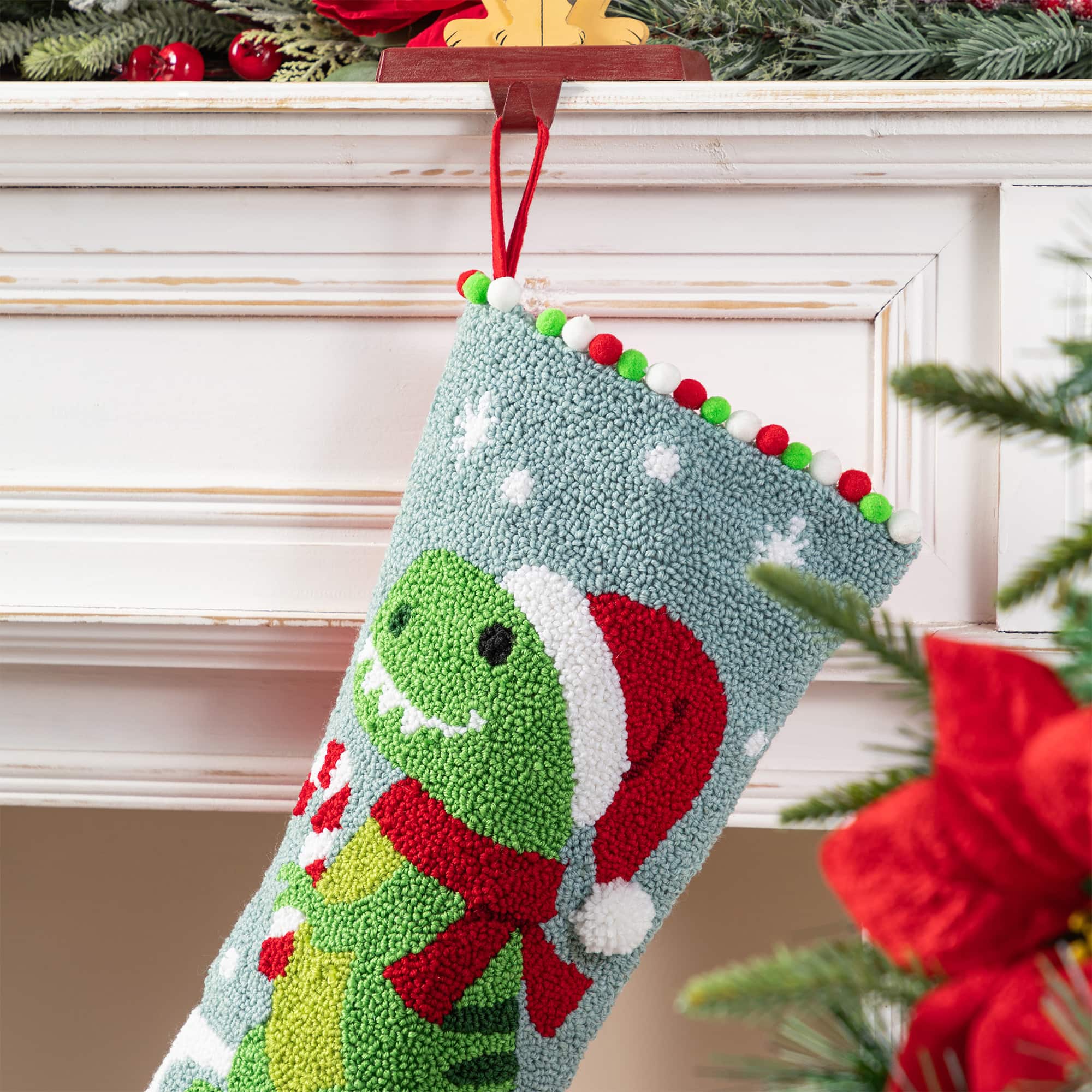 Glitzhome&#xAE; 21&#x22;L Hooked Christmas Dinosaur Stocking