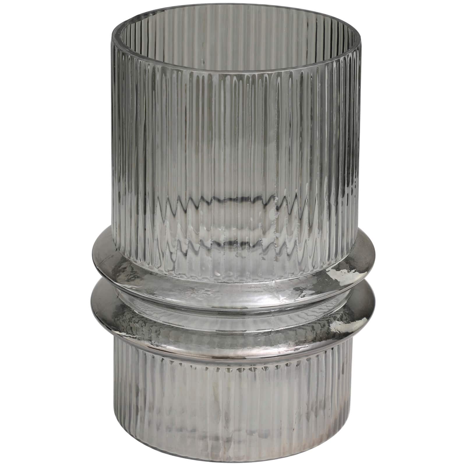 12" Gray Glass Wide Ribbed Vase with Fluted Center