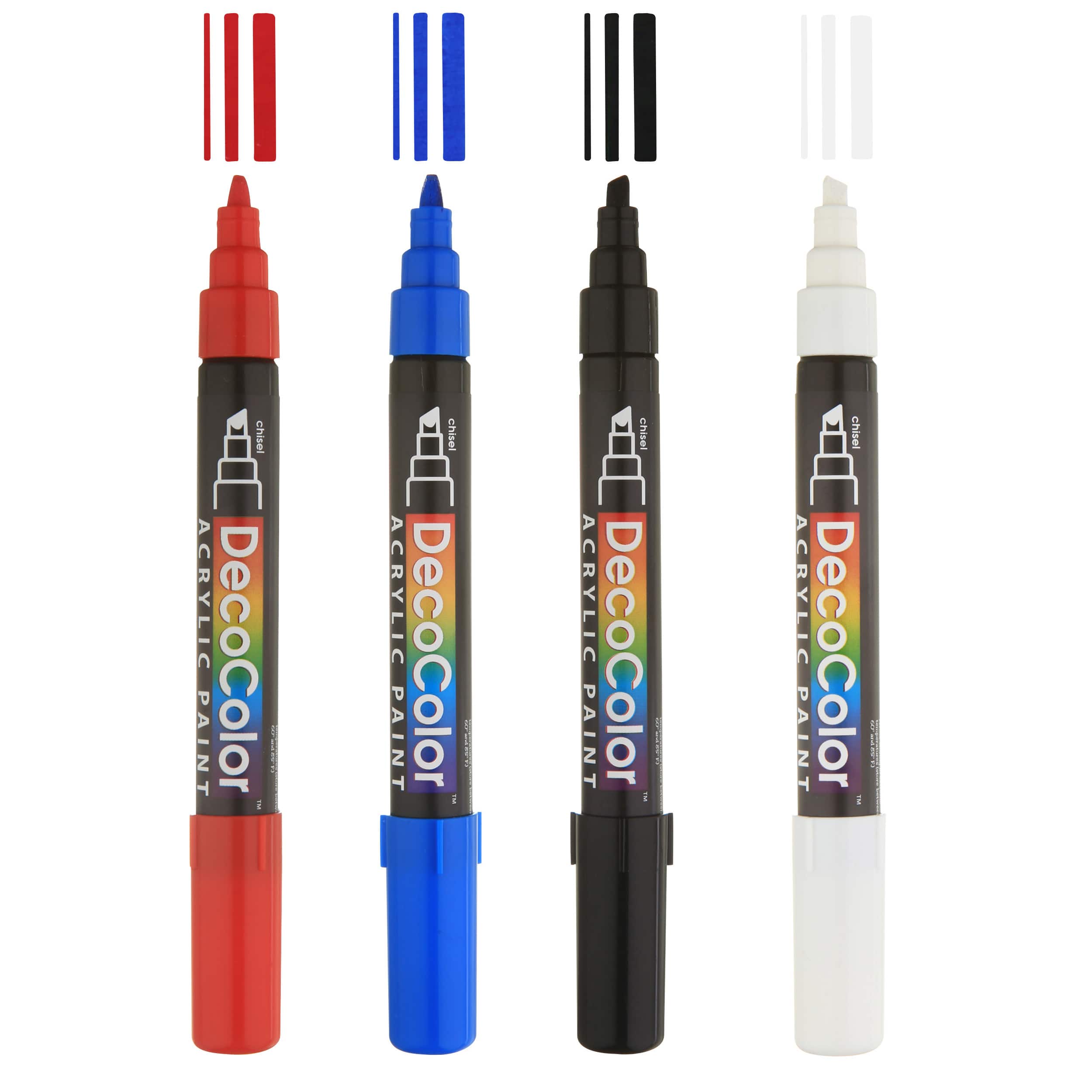 DecoColor® Red, Blue, Black & White Chisel Tip Acrylic Paint Marker Set