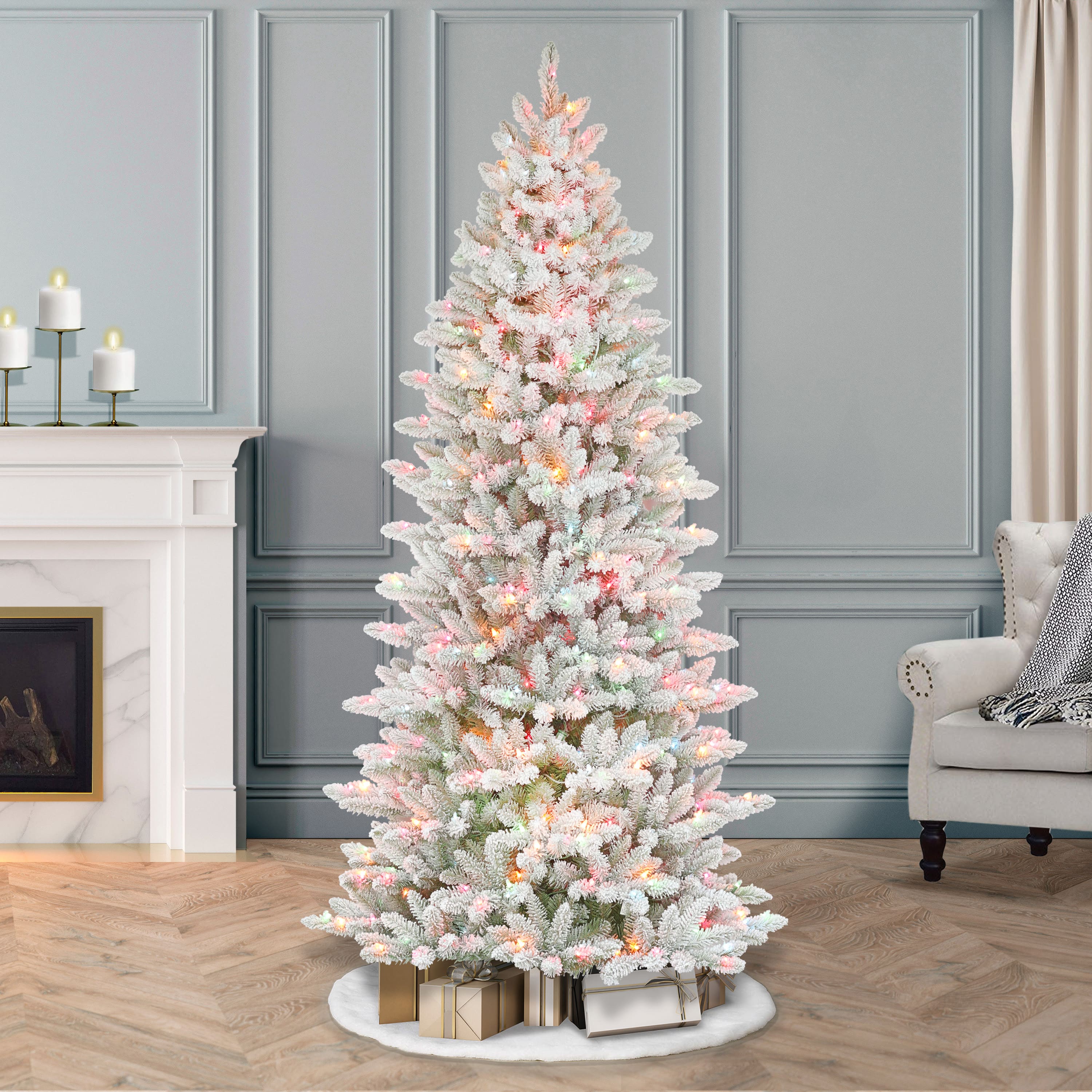 7.5ft Pre-Lit White Slim Fraser Fir Flocked Artificial Christmas Tree, Multicolor Lights