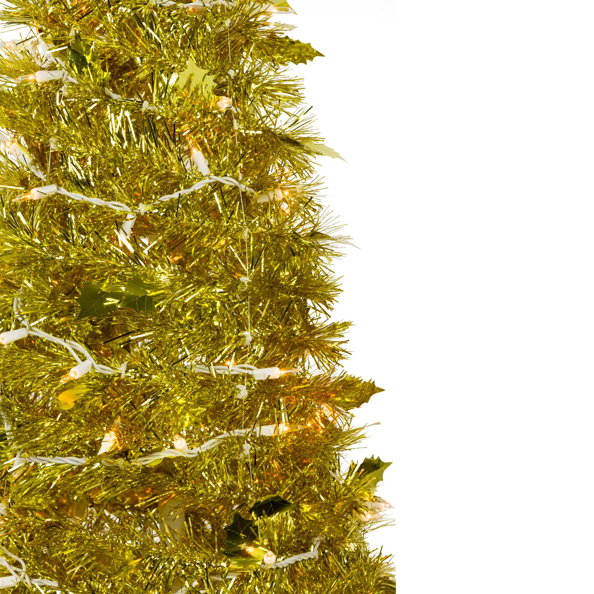 6ft. Pre-Lit Gold Tinsel Pop-Up Artificial Christmas Tree, Clear Lights