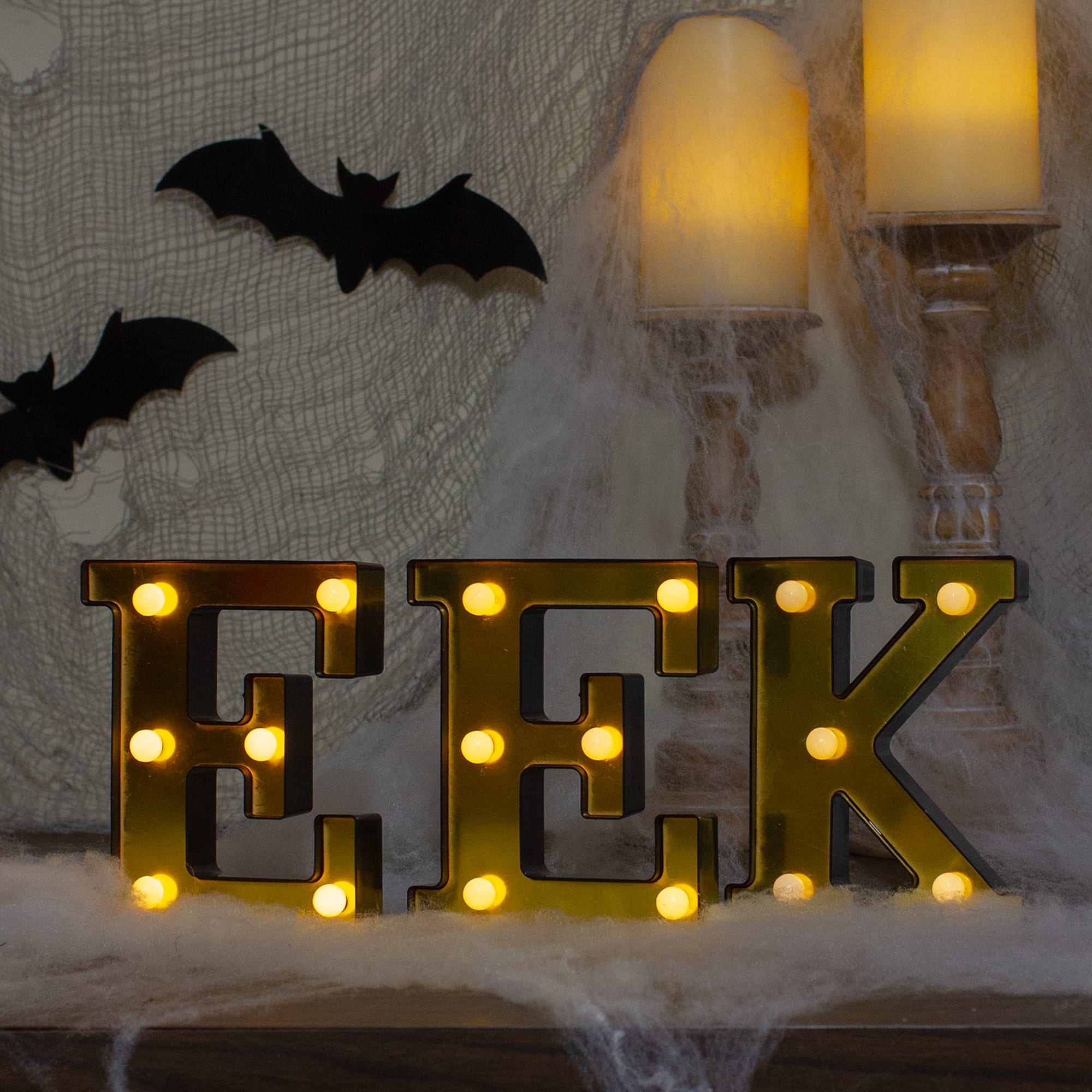 6.5&#x22; Lighted Black &#x26; Gold EEK Halloween Marquee Decoration