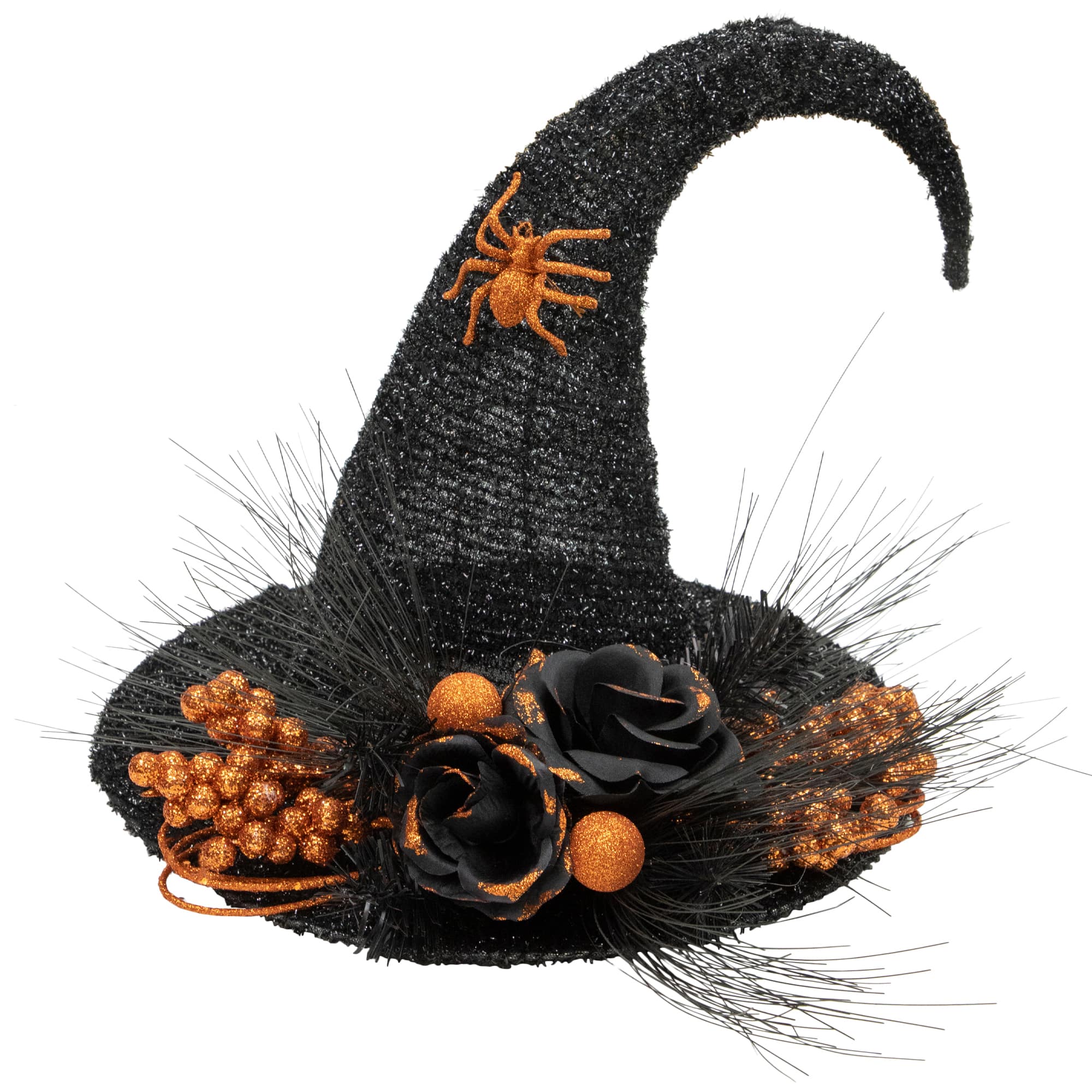 16&#x22; Black Tinsel Witch&#x27;s Hat with Orange Glittered Roses Halloween Decoration