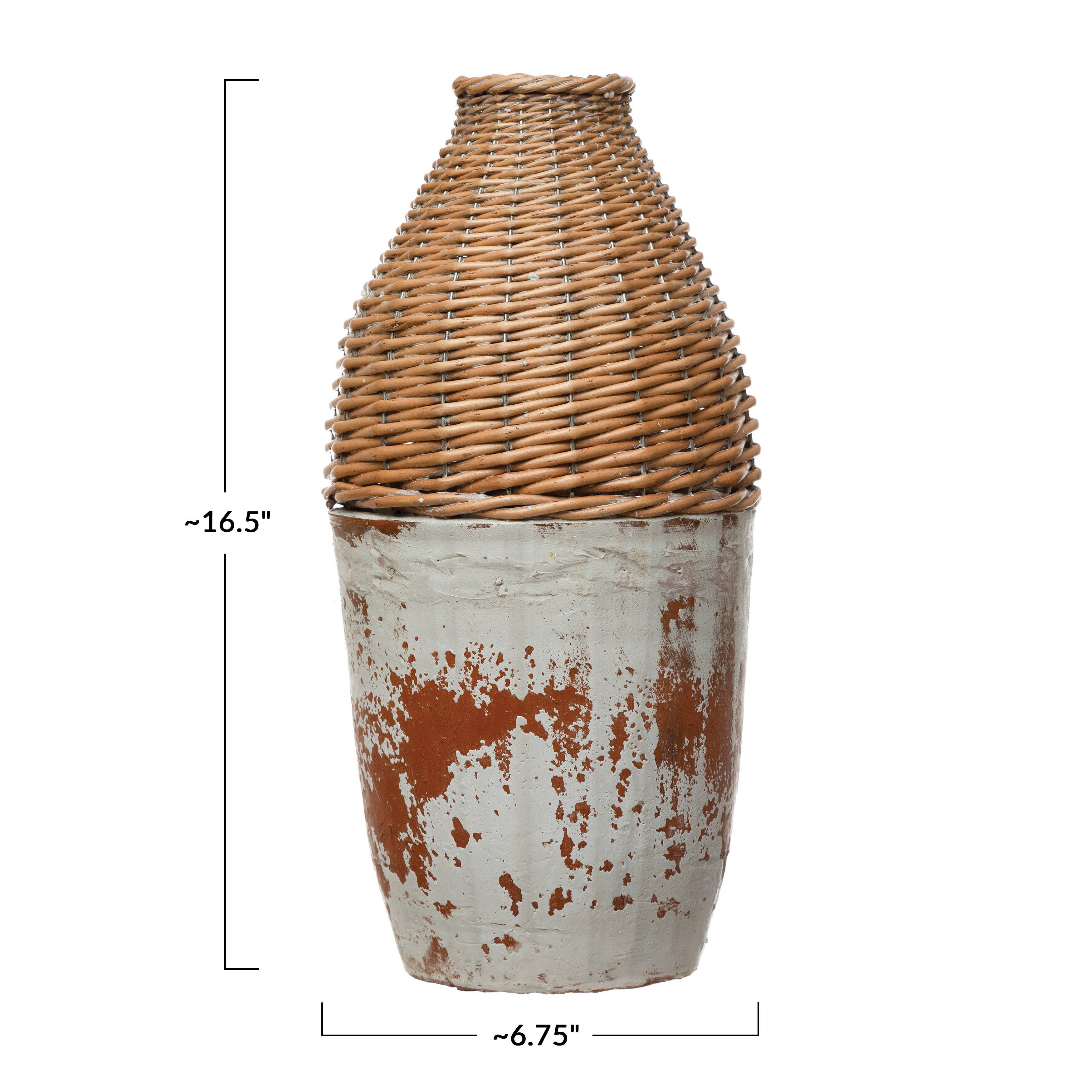 16.5&#x22; Distressed White Hand-Woven Rattan &#x26; Clay Vase