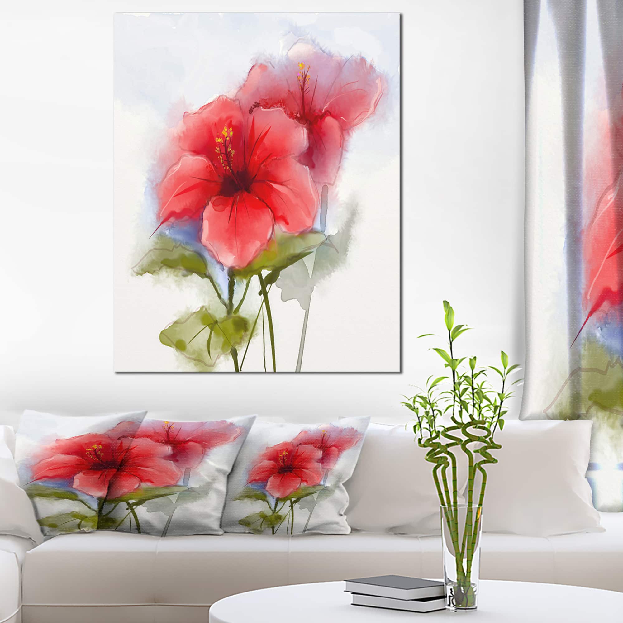 Designart - Watercolor Painting Red Hibiscus Flower - Large Floral Canvas Art Print