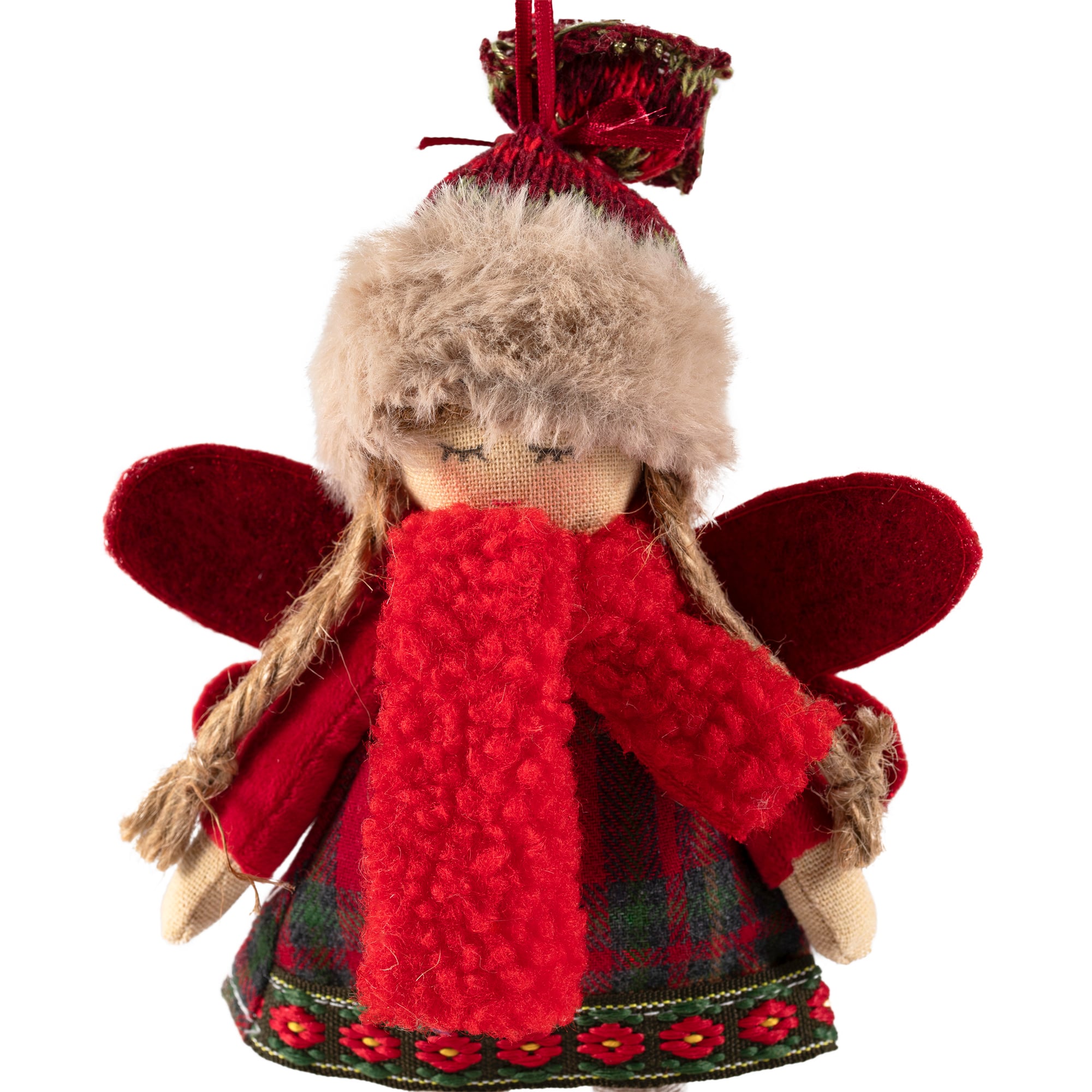 Plaid Angel Girl with Jute Pigtails Christmas Ornament - 8.5" - Red and Beige
