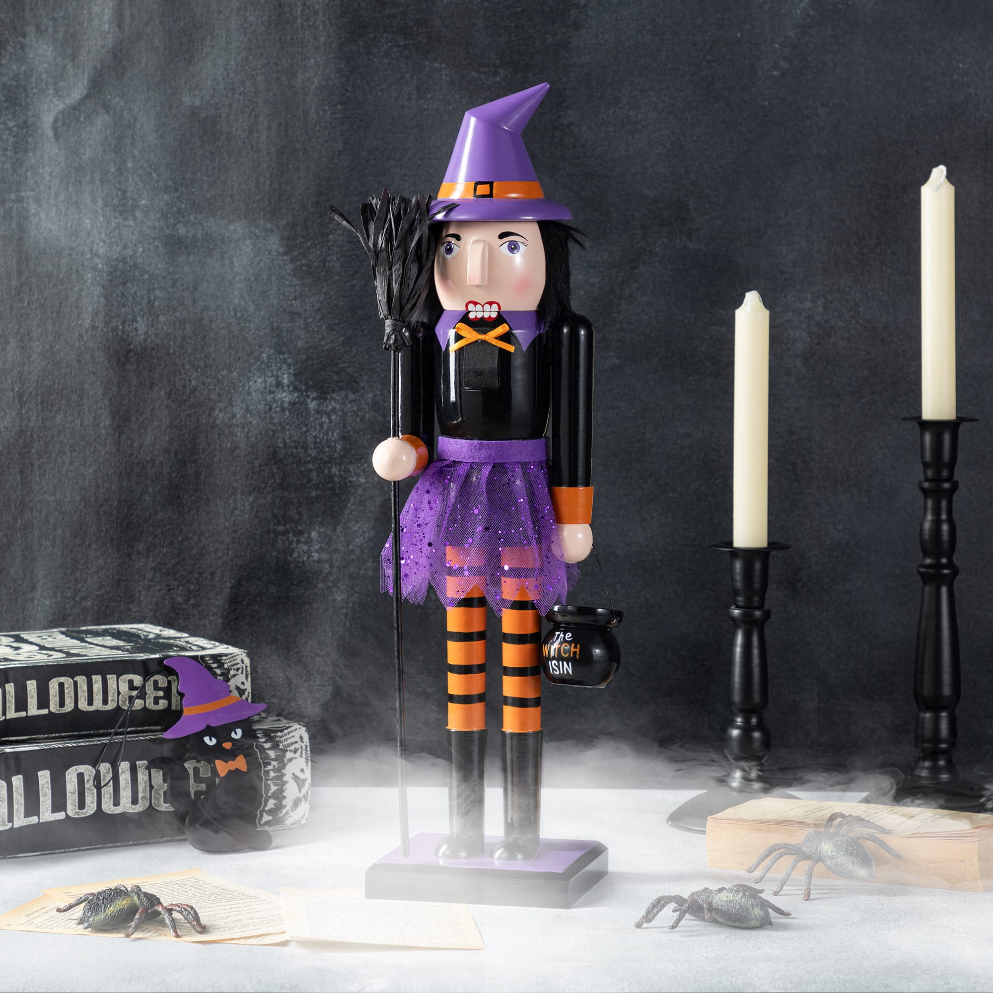 Glitzhome&#xAE; 18.5&#x22;H Halloween Wooden Witch Nutcracker with Witch Cat Ornament