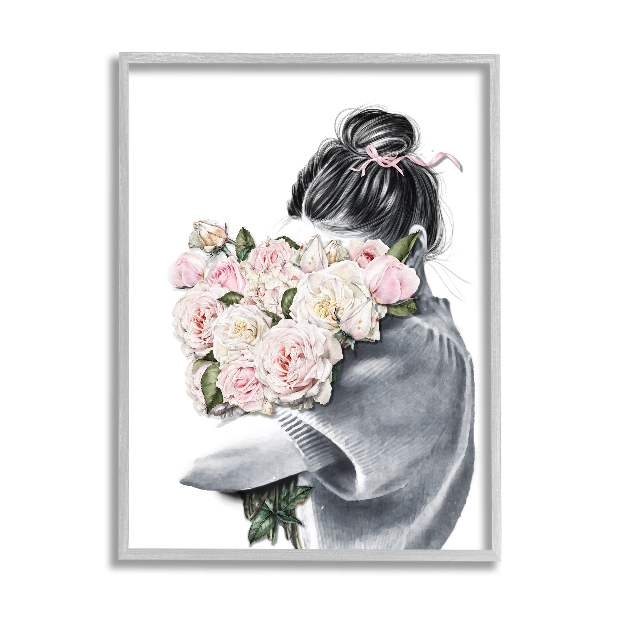 Stupell Industries Woman Smelling Bouquet Pink Pop Rose Florals in Gray Frame Wall Art