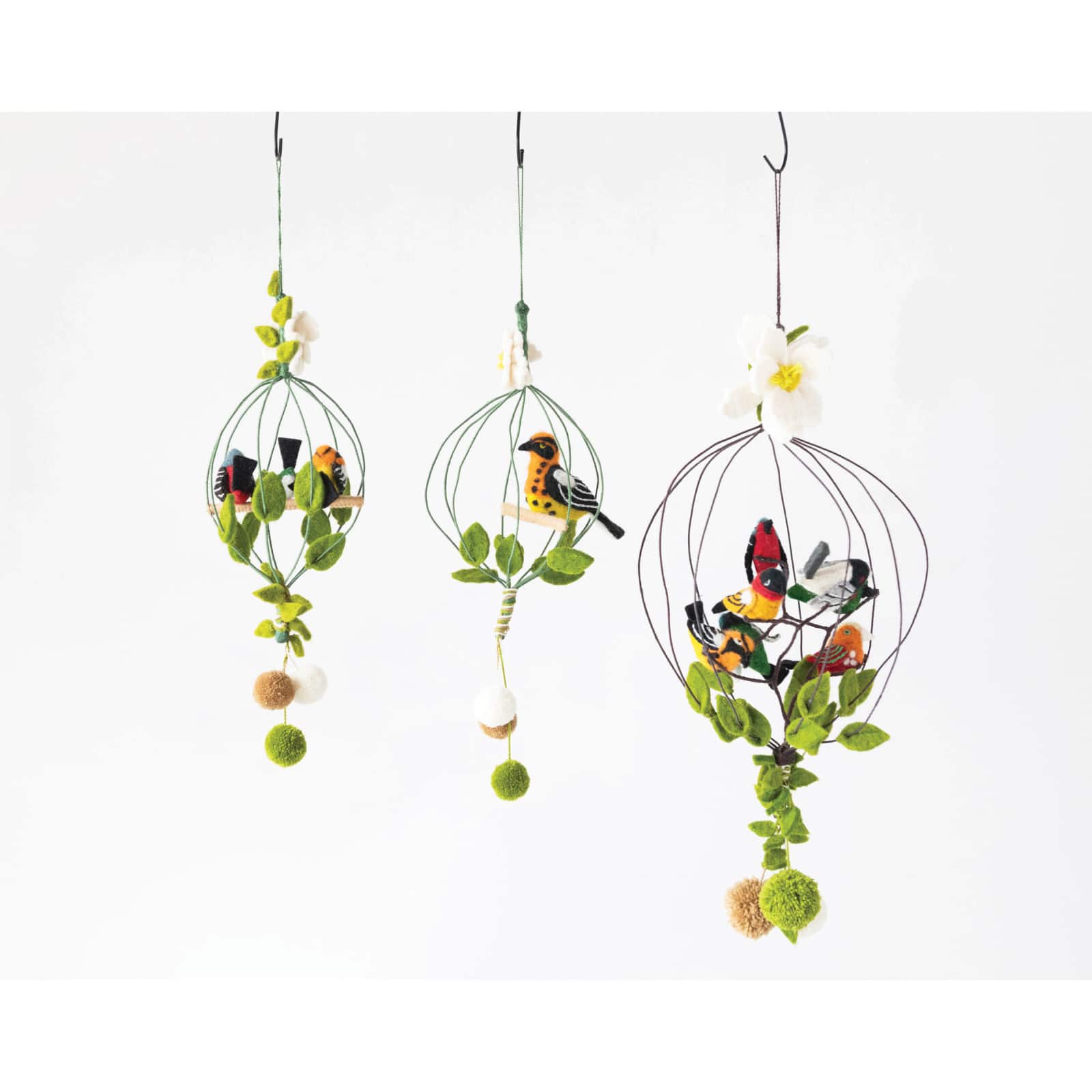 Hello Honey® Wool Felt Flower & Pom Poms Bird Cage Mobile with Bird