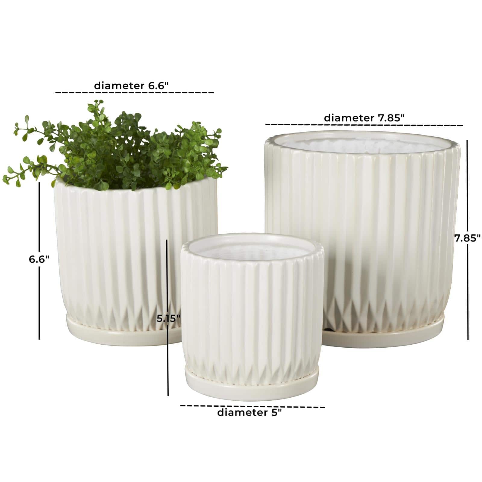 White Ribbed Textured Ceramic Planter Set