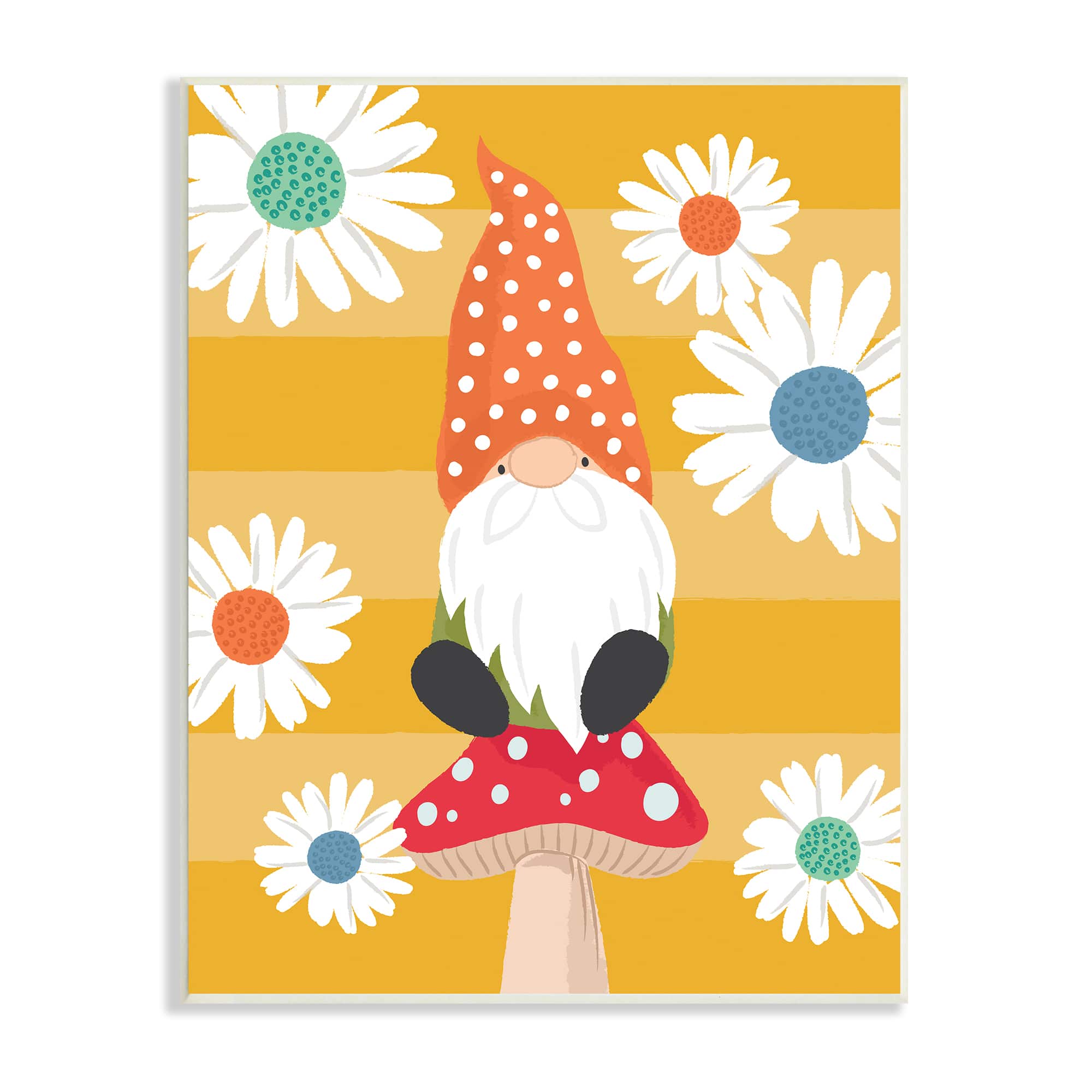 Stupell Industries Mushroom Garden Gnome White Daisies Yellow Stripes Wall Plaque