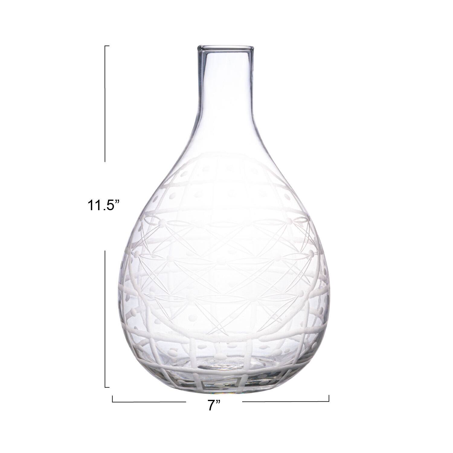 3.5qt. Clear Hand-Blown Etched Round Reclaimed Glass Pitcher