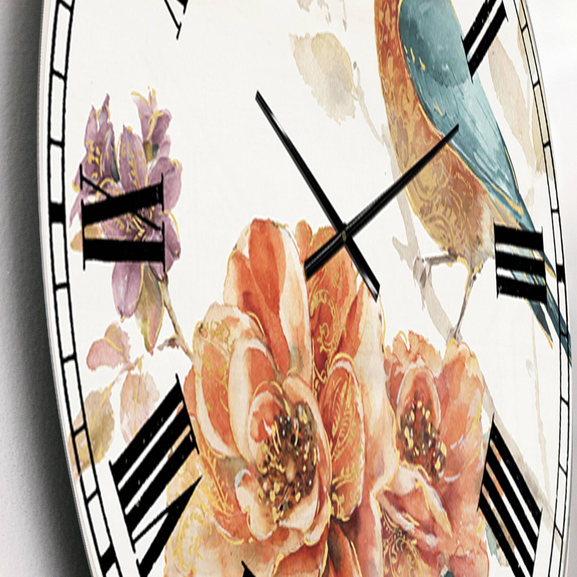 Designart &#x27;Cottage Bird On Orange Flower Twig Farmhouse Wall Clock