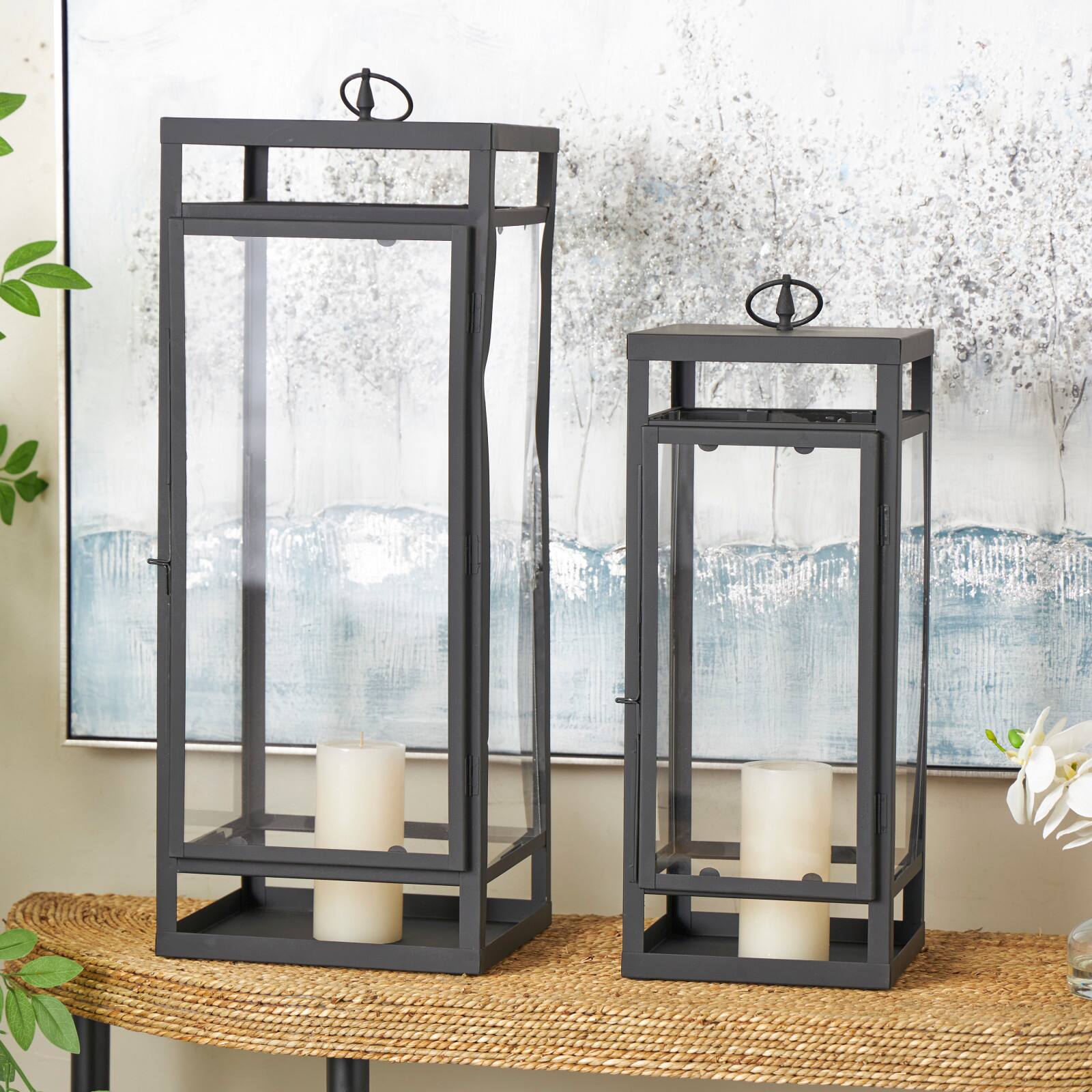 Black Minimalist Candle Lantern with Ring Handles Set