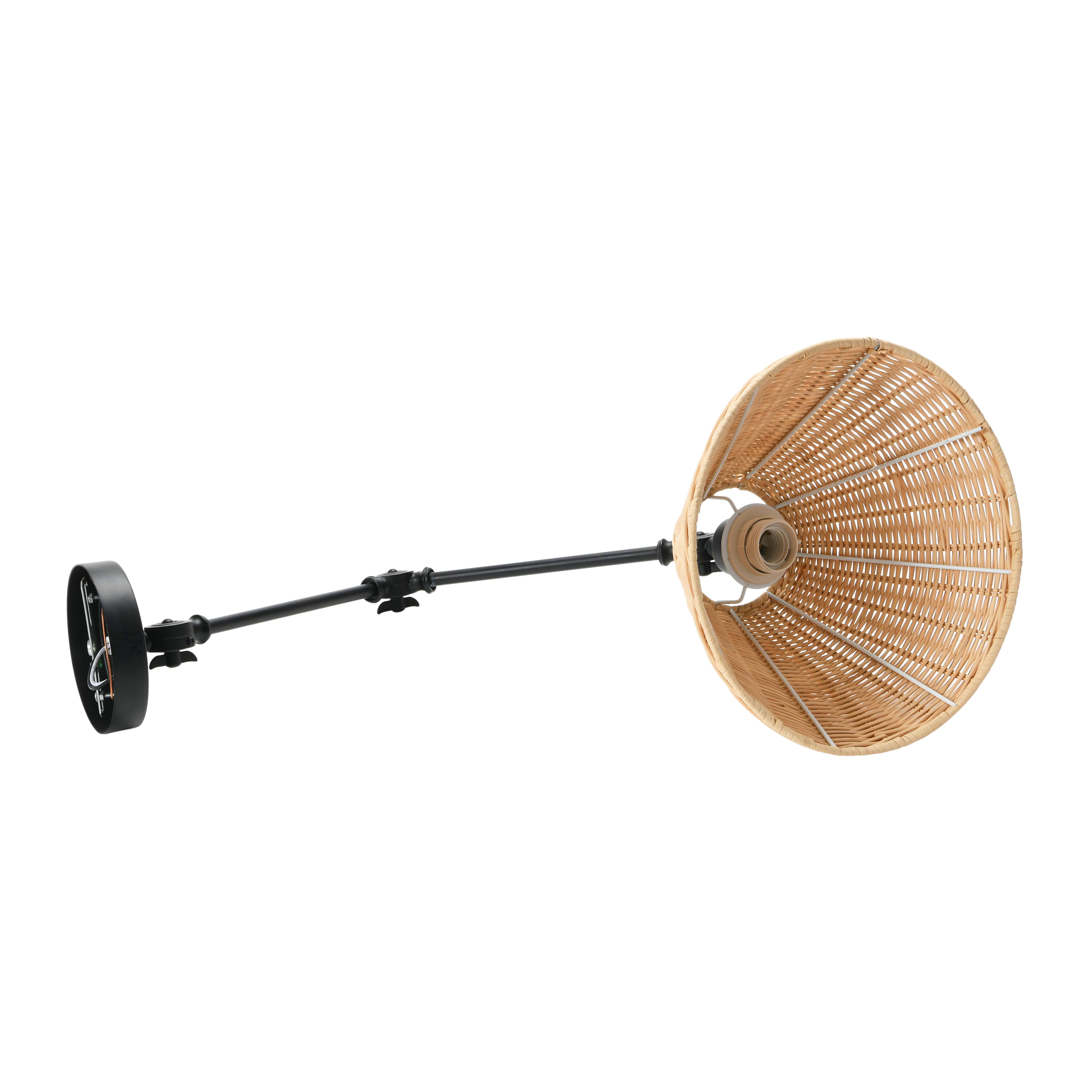 Black Metal Finish Coastal Adjustable Wall Sconce with Neutral Beige Rattan Shades