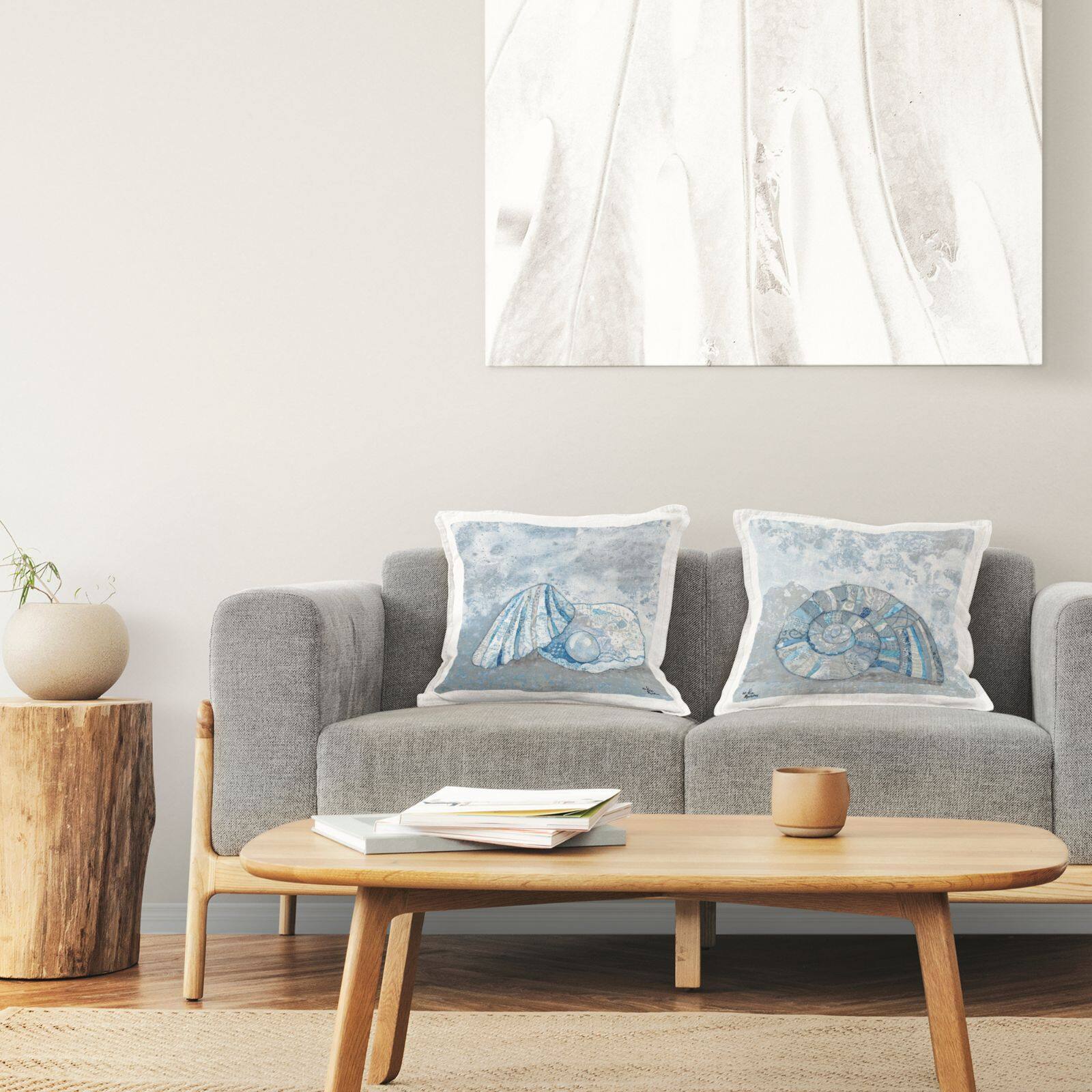 Stupell Industries Blue Collaged Clam Seashell Aquatic Beach Life 2 Pillow Set, 18" x 18"