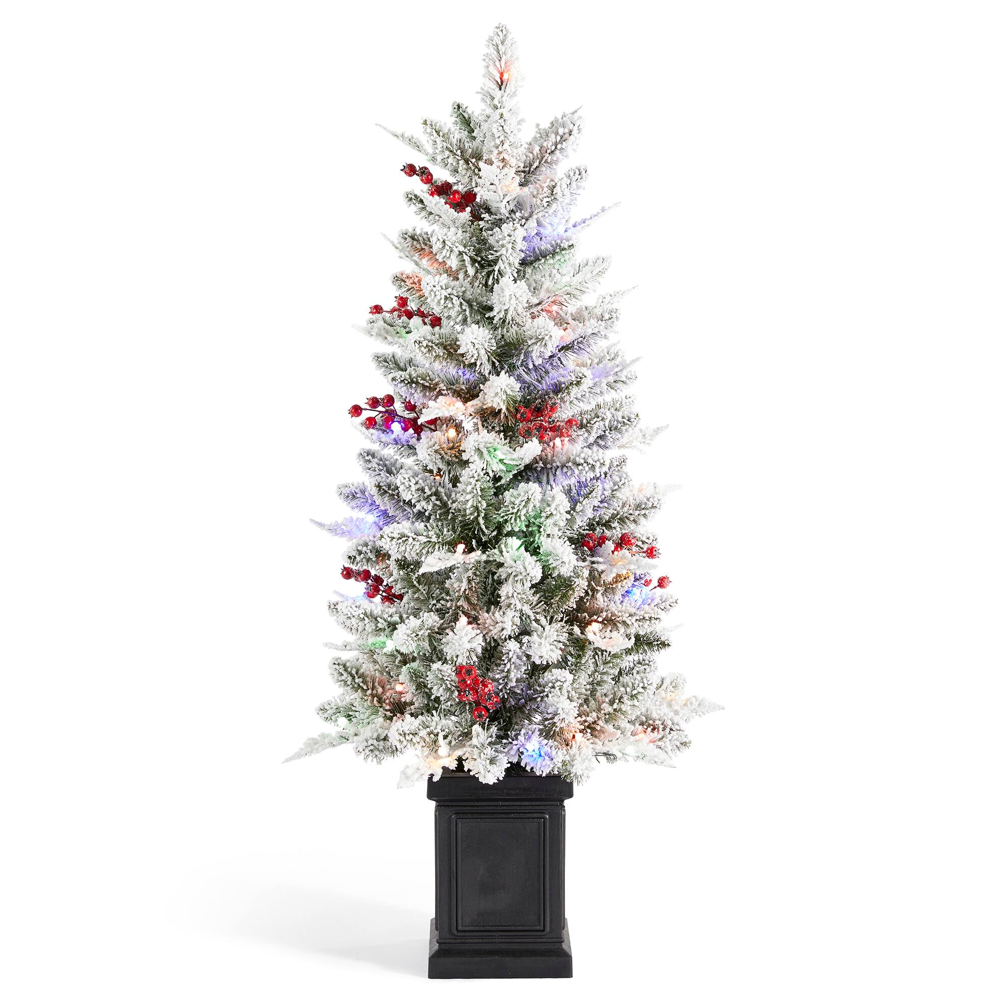 Glitzhome&#xAE; 4ft Pre-Lit Flocked Artificial Christmas Porch Tree, Multi-color LED Lights