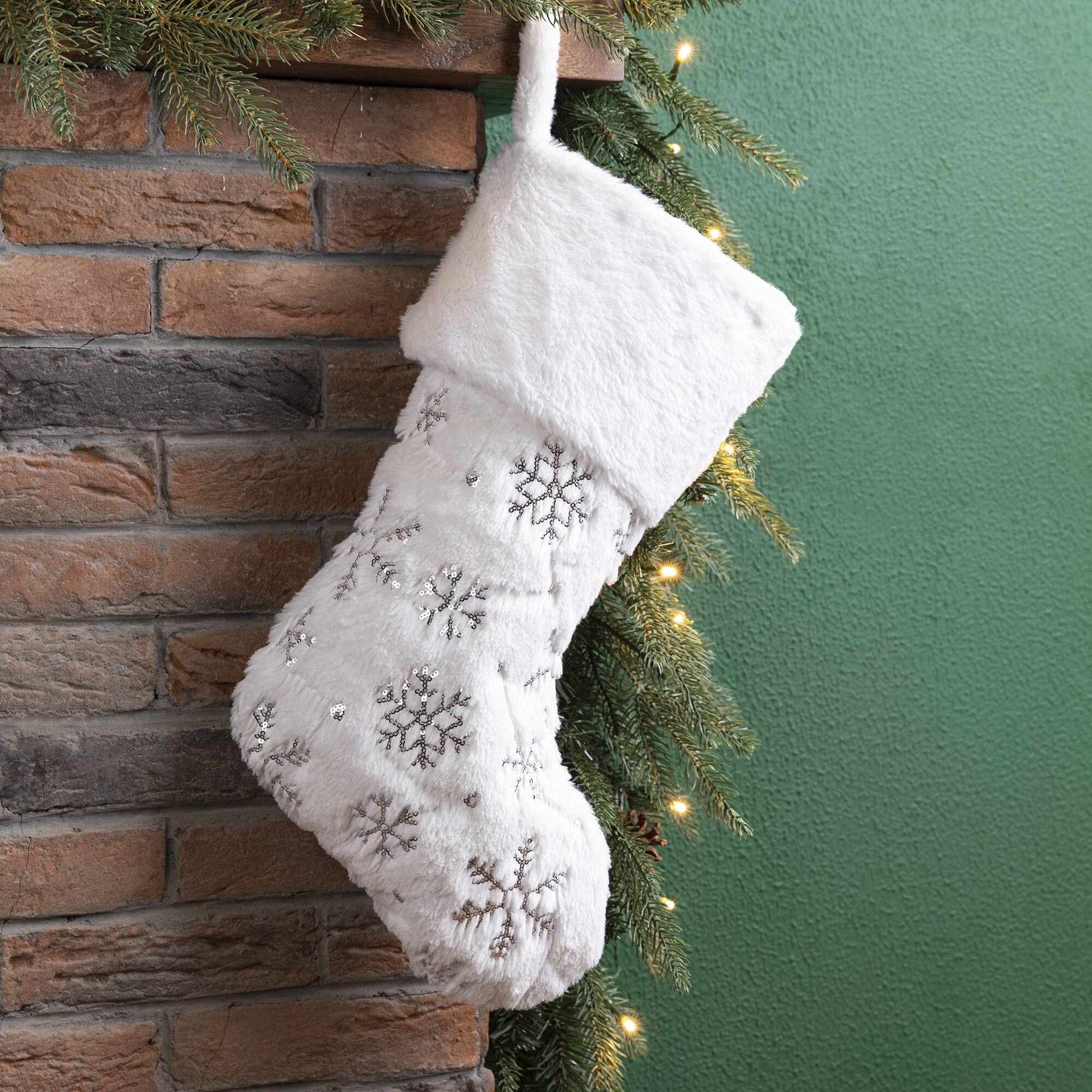 Glitzhome&#xAE; 21&#x22; White Plush with Snowflake Christmas Stocking