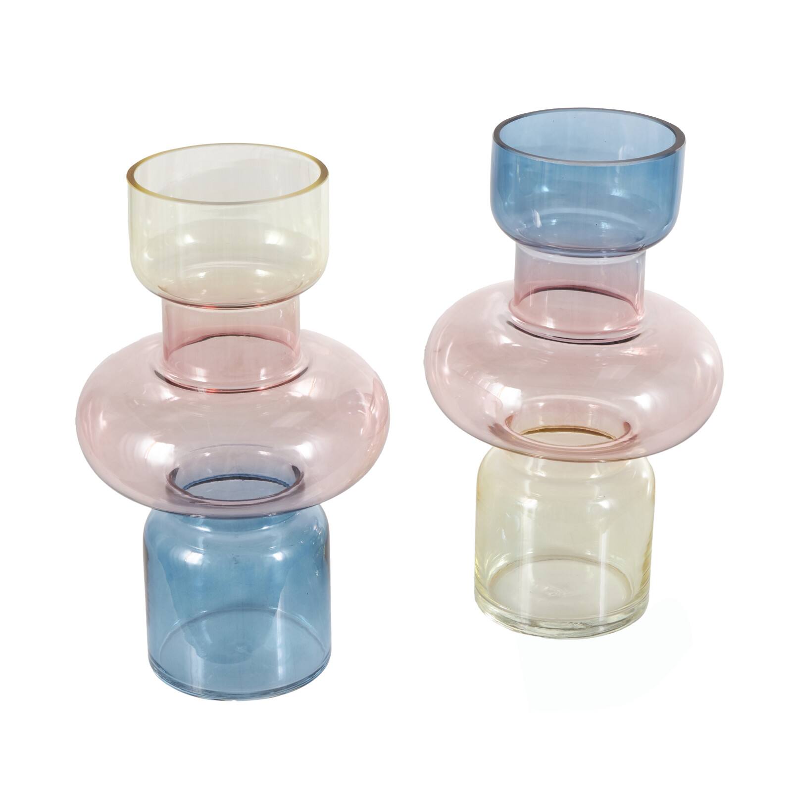 12" Multicolored Geometric Ombre Glass Decorative Vase Set