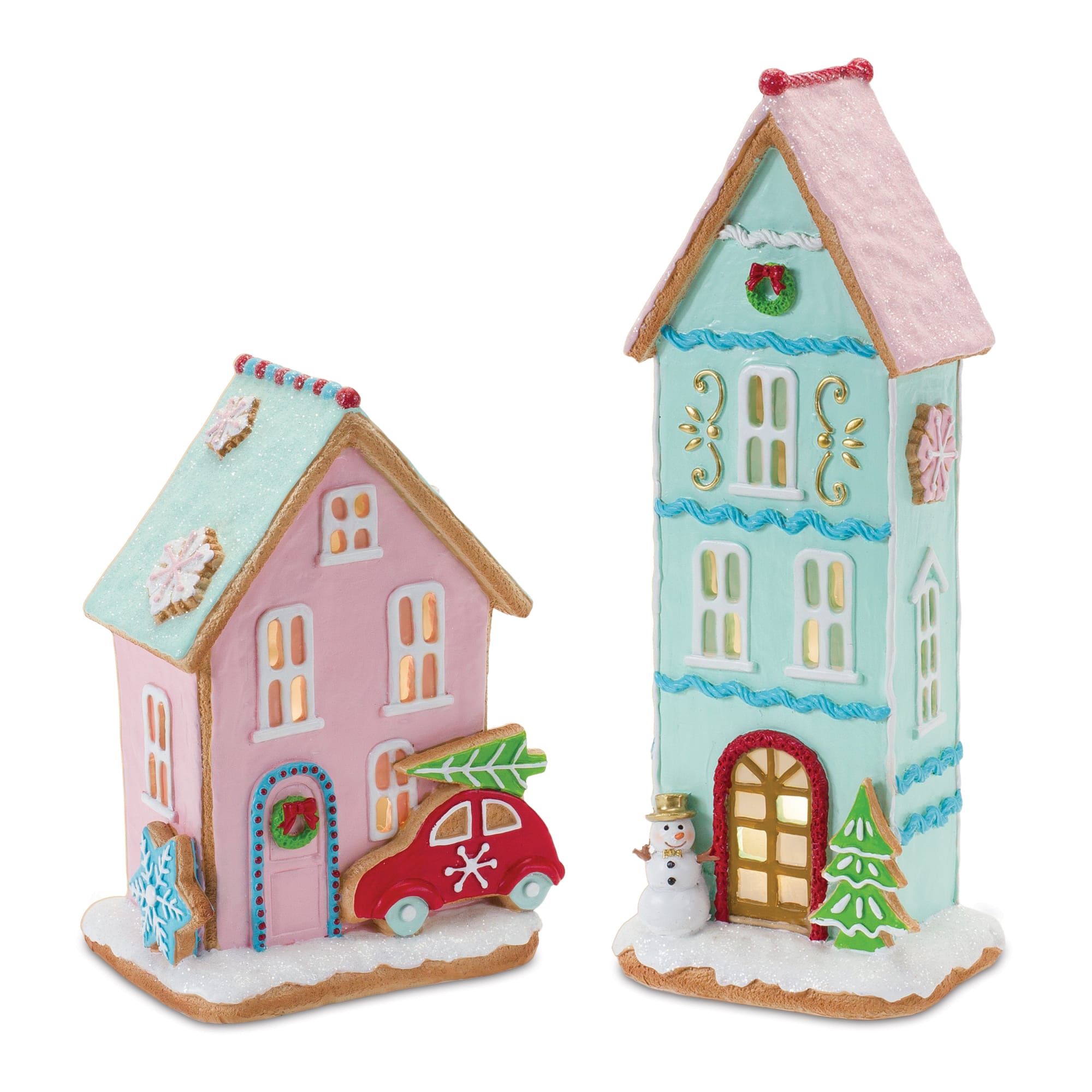 Blue & Pink Gingerbread Village Houses Lighted Tabletop Town Décor Set,  8.75