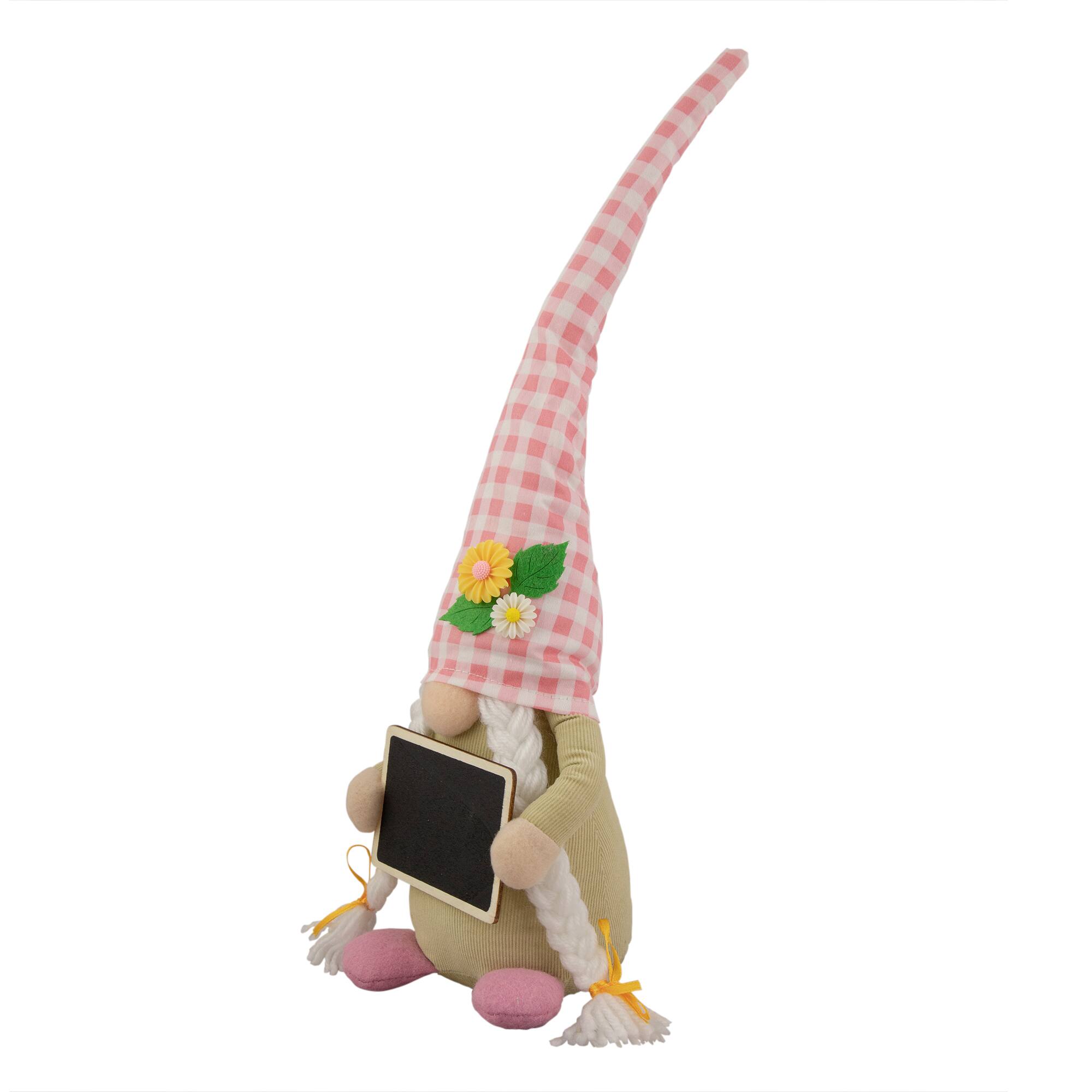 16&#x22; Pink Gingham Plaid Springtime Gnome with Chalkboard