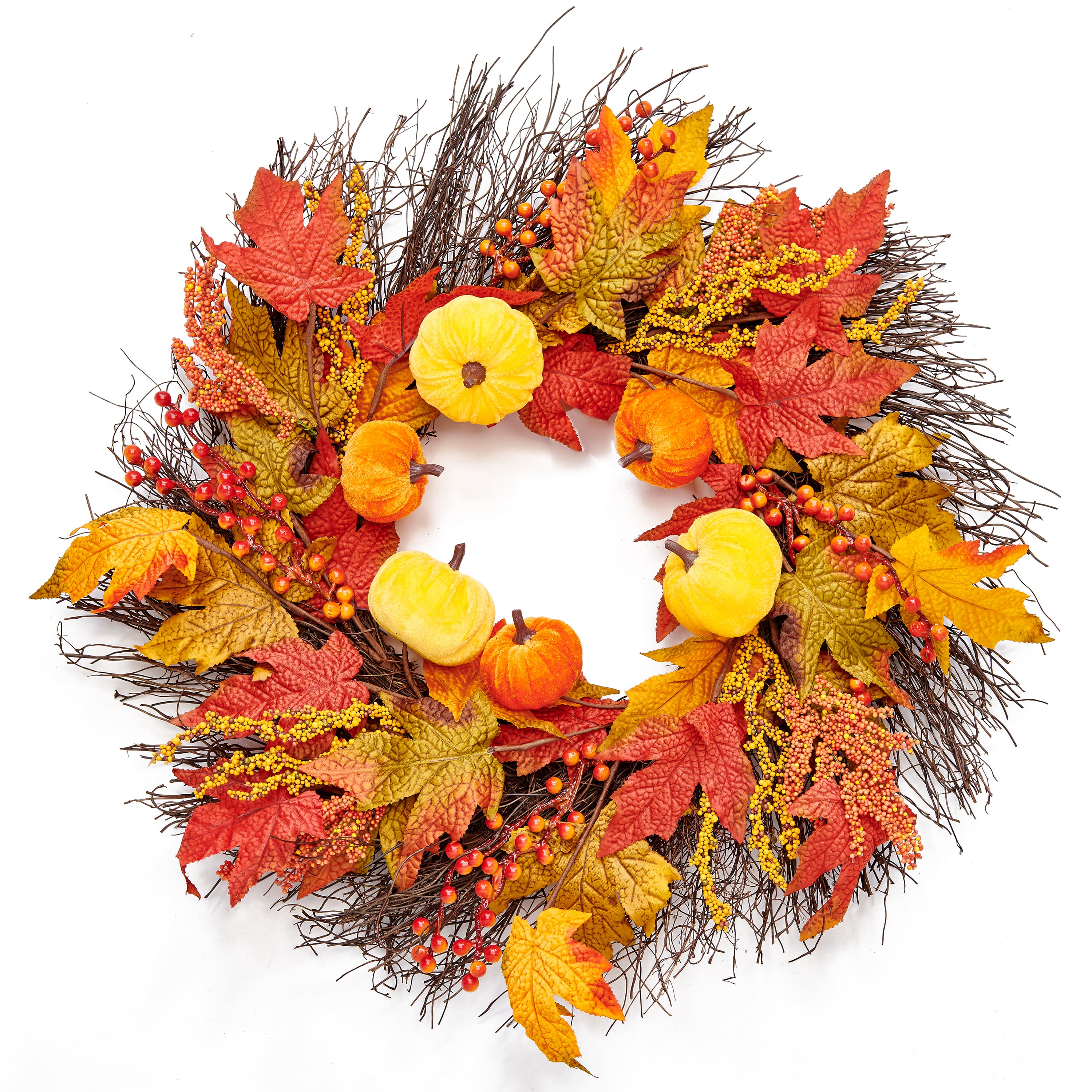 22" Pumpkin & Maple Leaf Fall Wreath on Twig Base