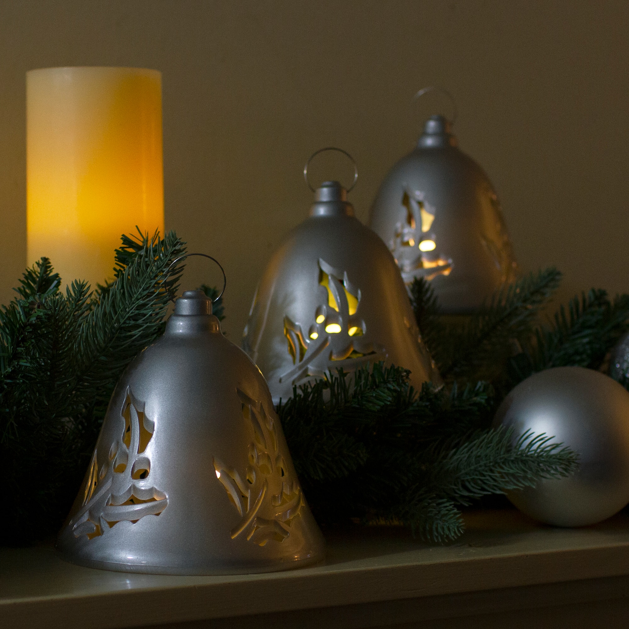6.5&#x22; Musical Lighted Silver Bells Christmas D&#xE9;cor Set