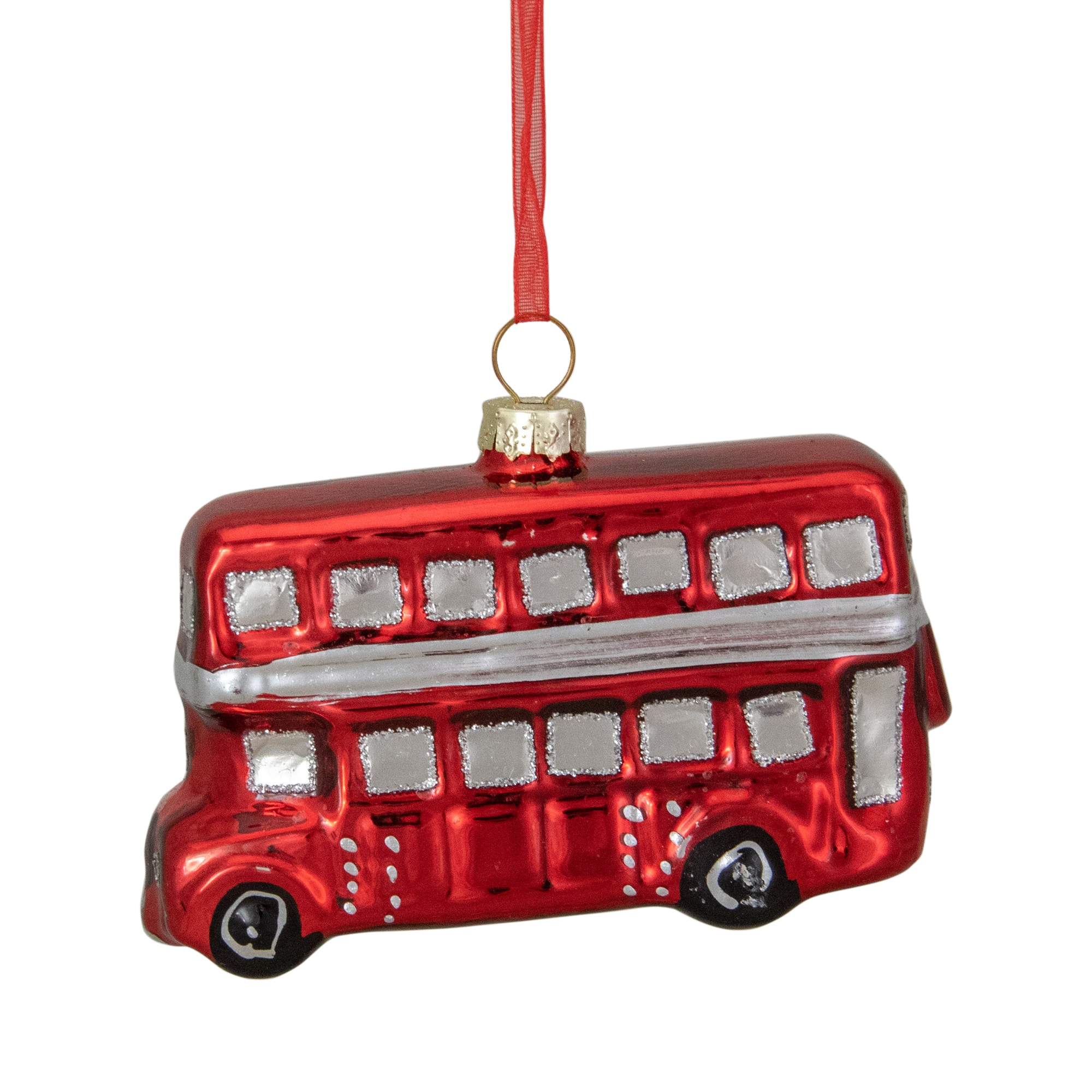 4" Shiny Metallic Red & Silver Glass Double Decker Bus Christmas Ornament