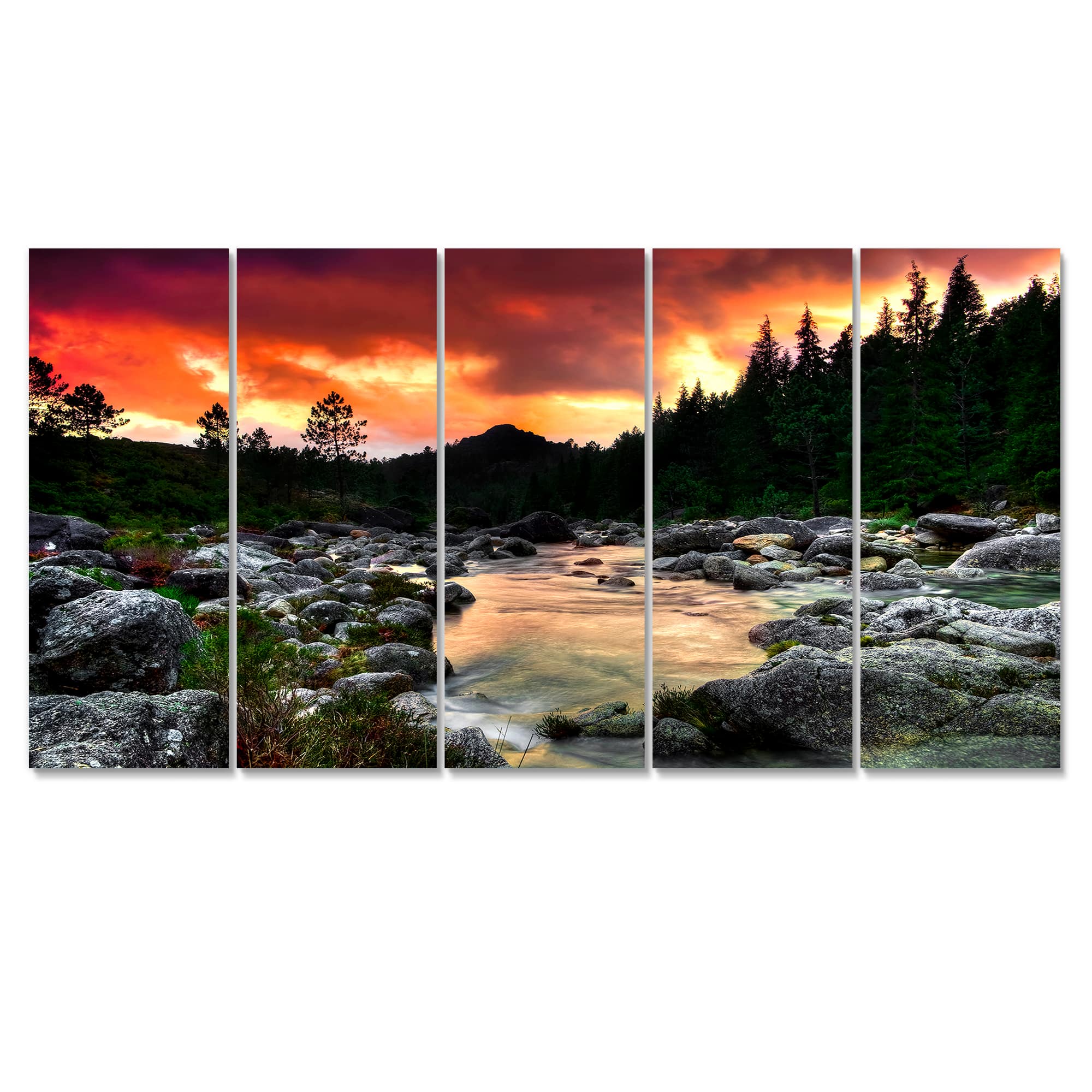 Designart - Rocky Mountain River at Sunset - Extra Large Wall Art Landscape